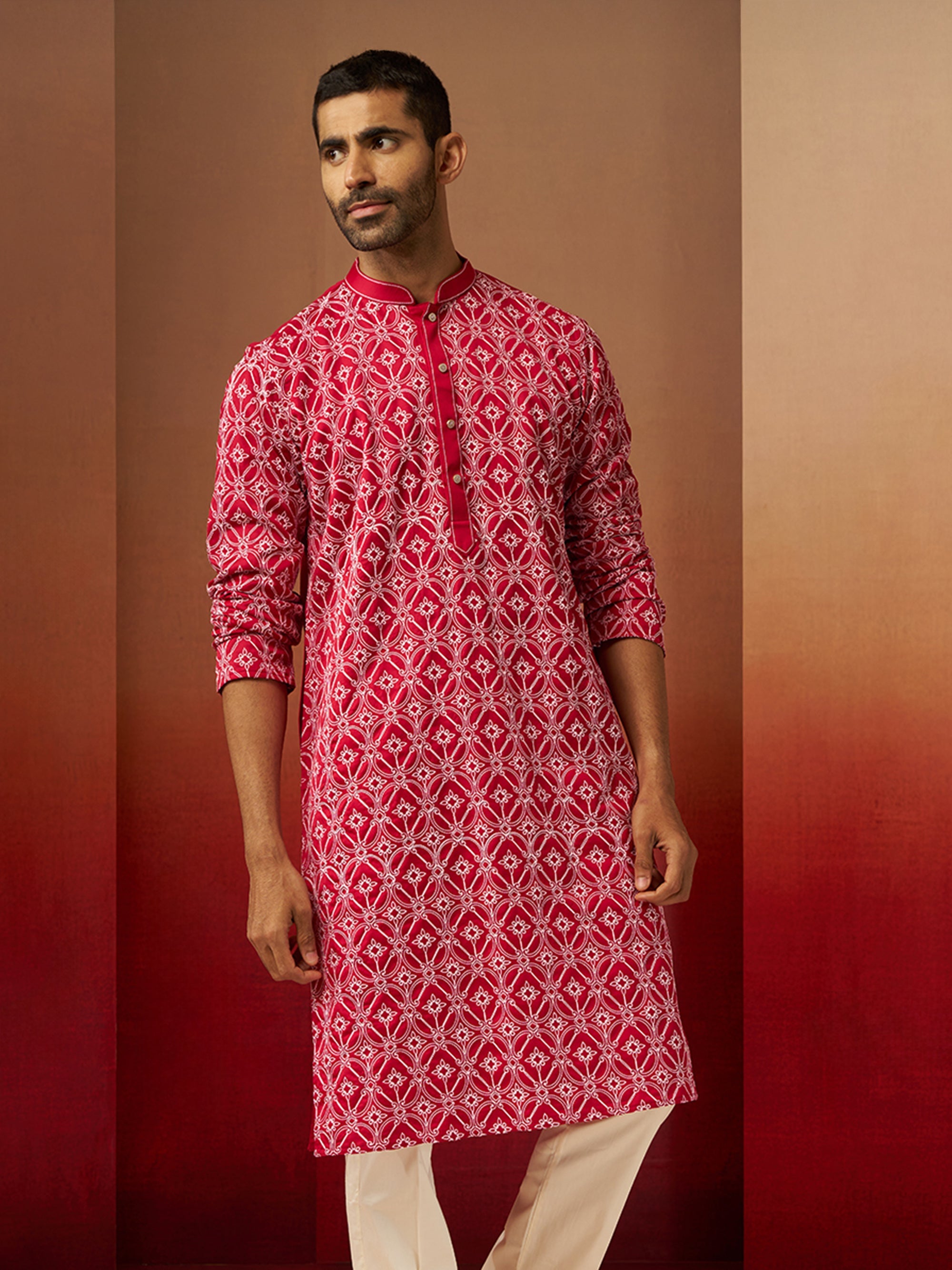 Vastramay Men Red Linen Silk Thread Embroidered Kurta