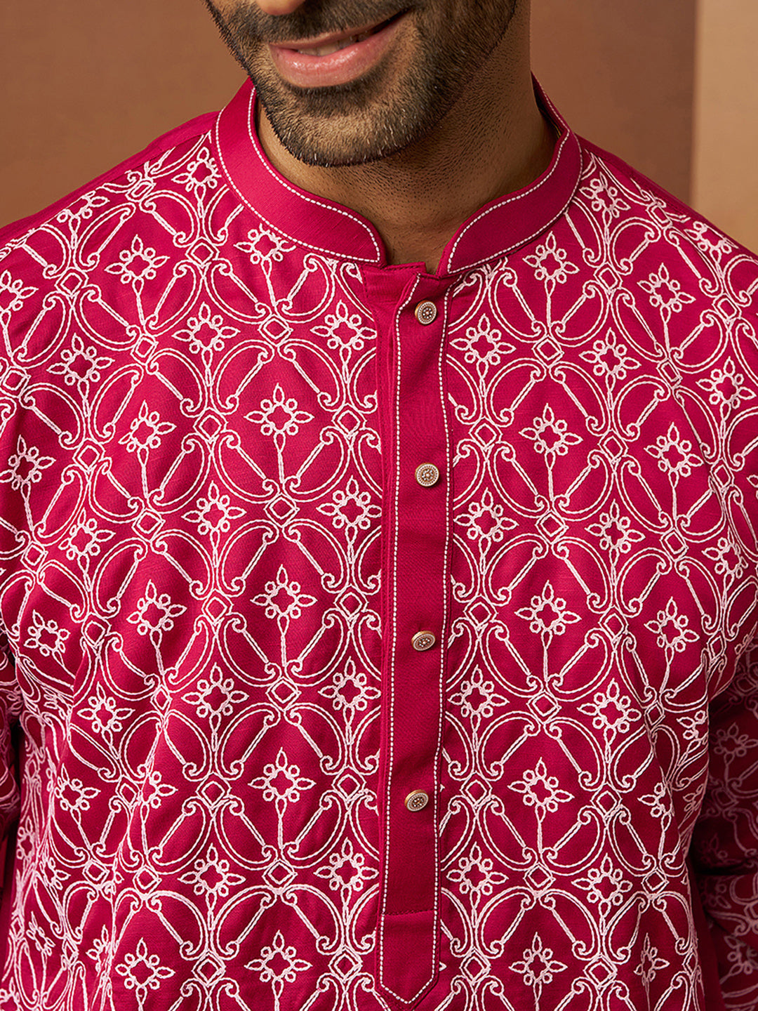 Men's Red Linen Silk Kurta with Cream Pants