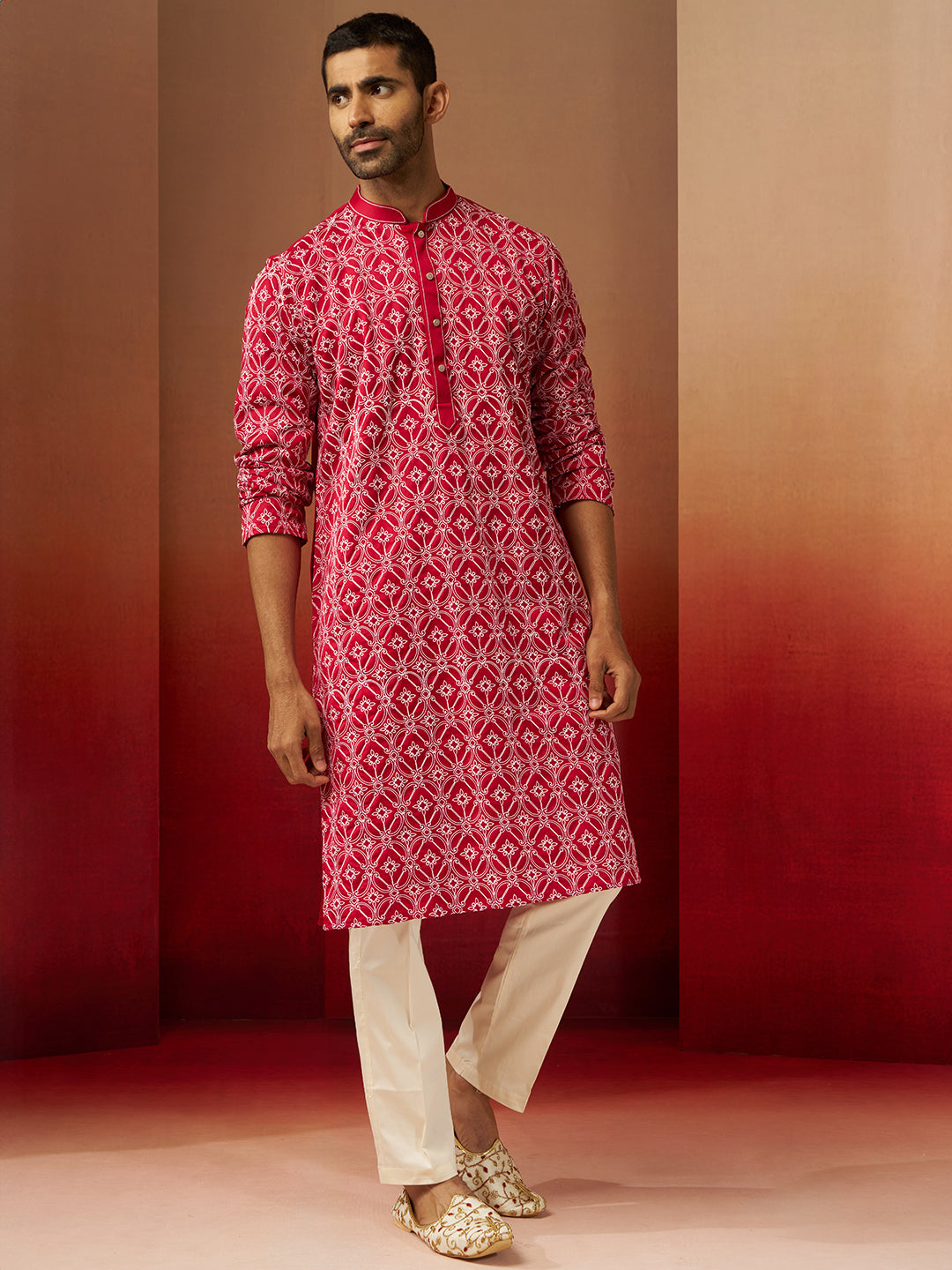 Men's Red Linen Silk Kurta with Cream Pants