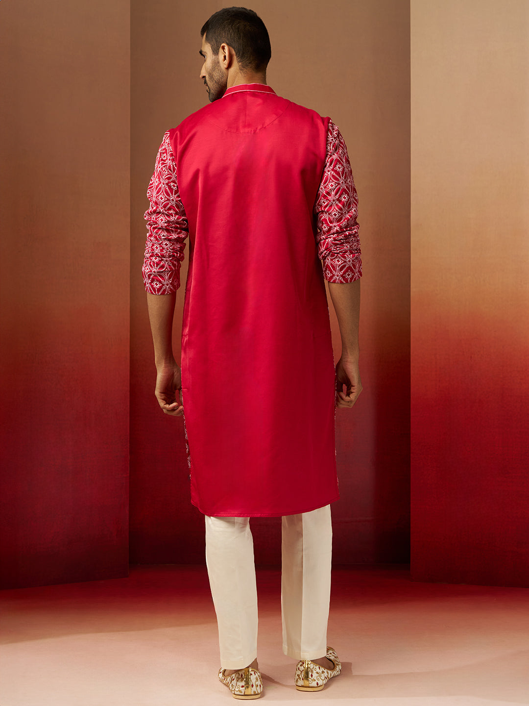 Men's Red Linen Silk Kurta with Cream Pants