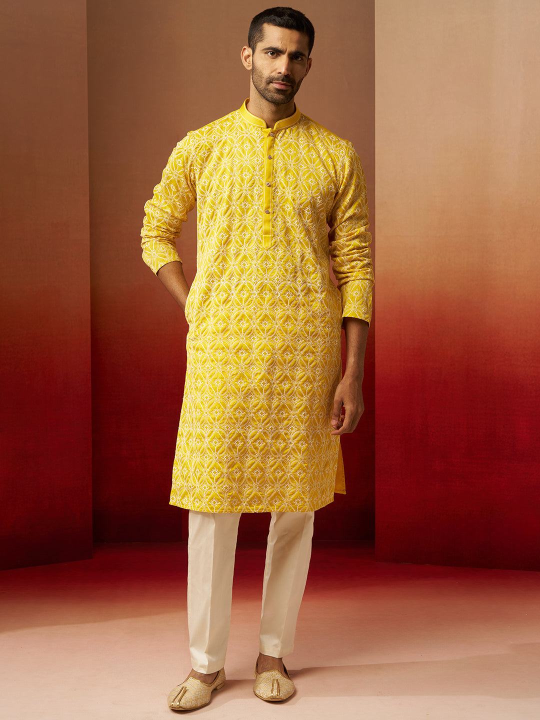 Men's Yellow Thread Embroidered Kurta with Pyjama