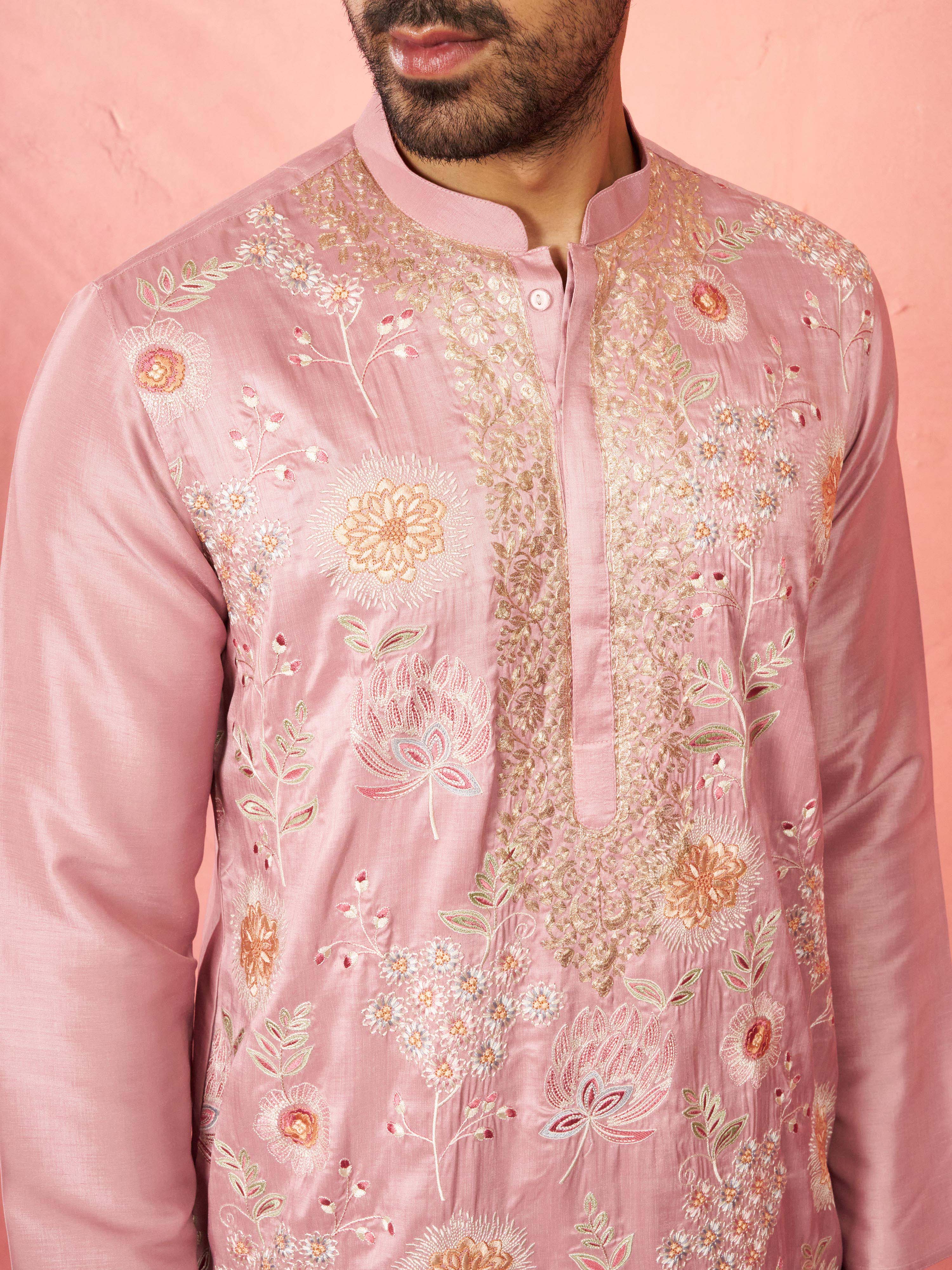 Men's Onion Silk Blend Kurta with Cream Pyjama