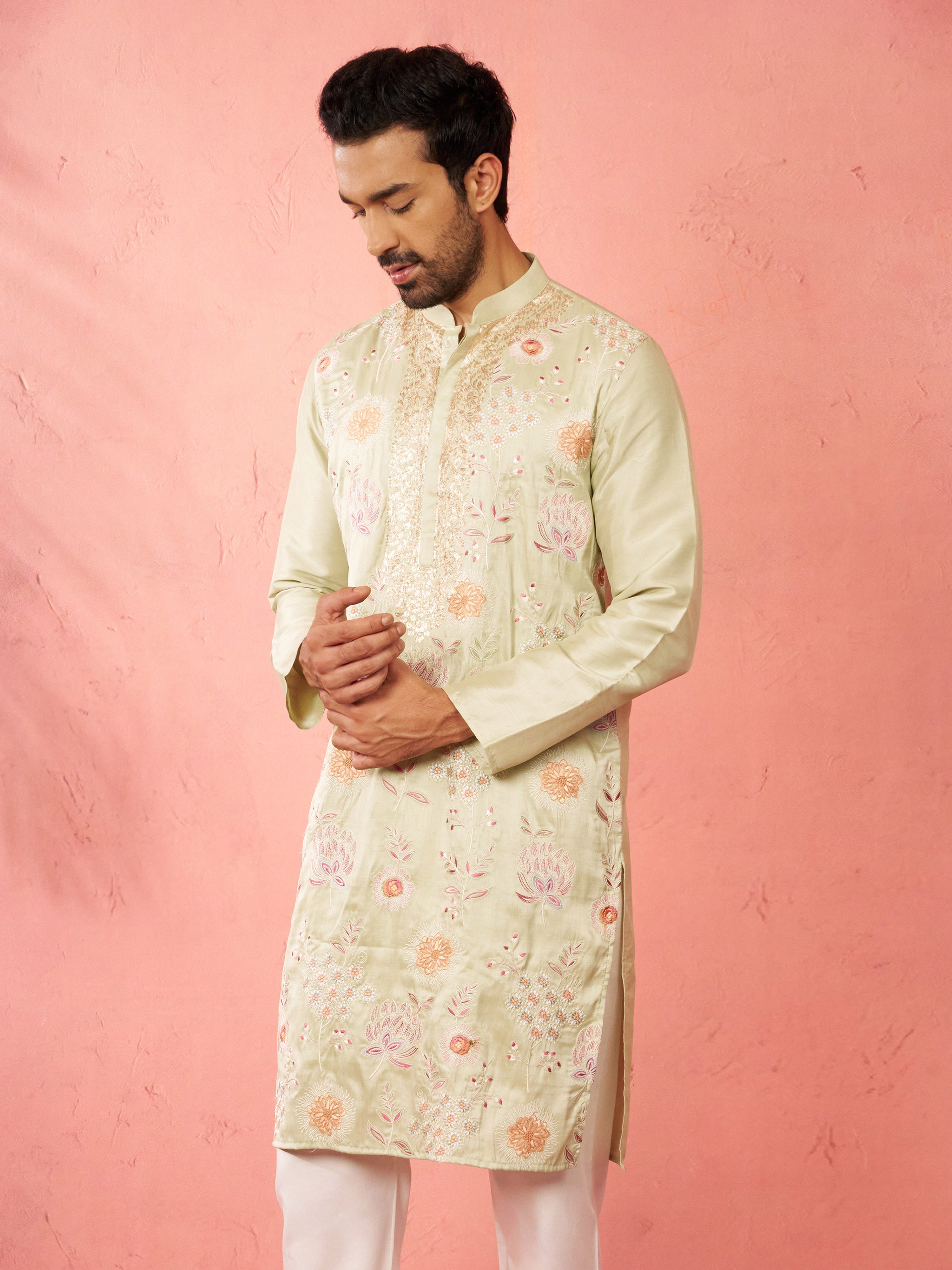 Men's Light Green Silk Blend Kurta