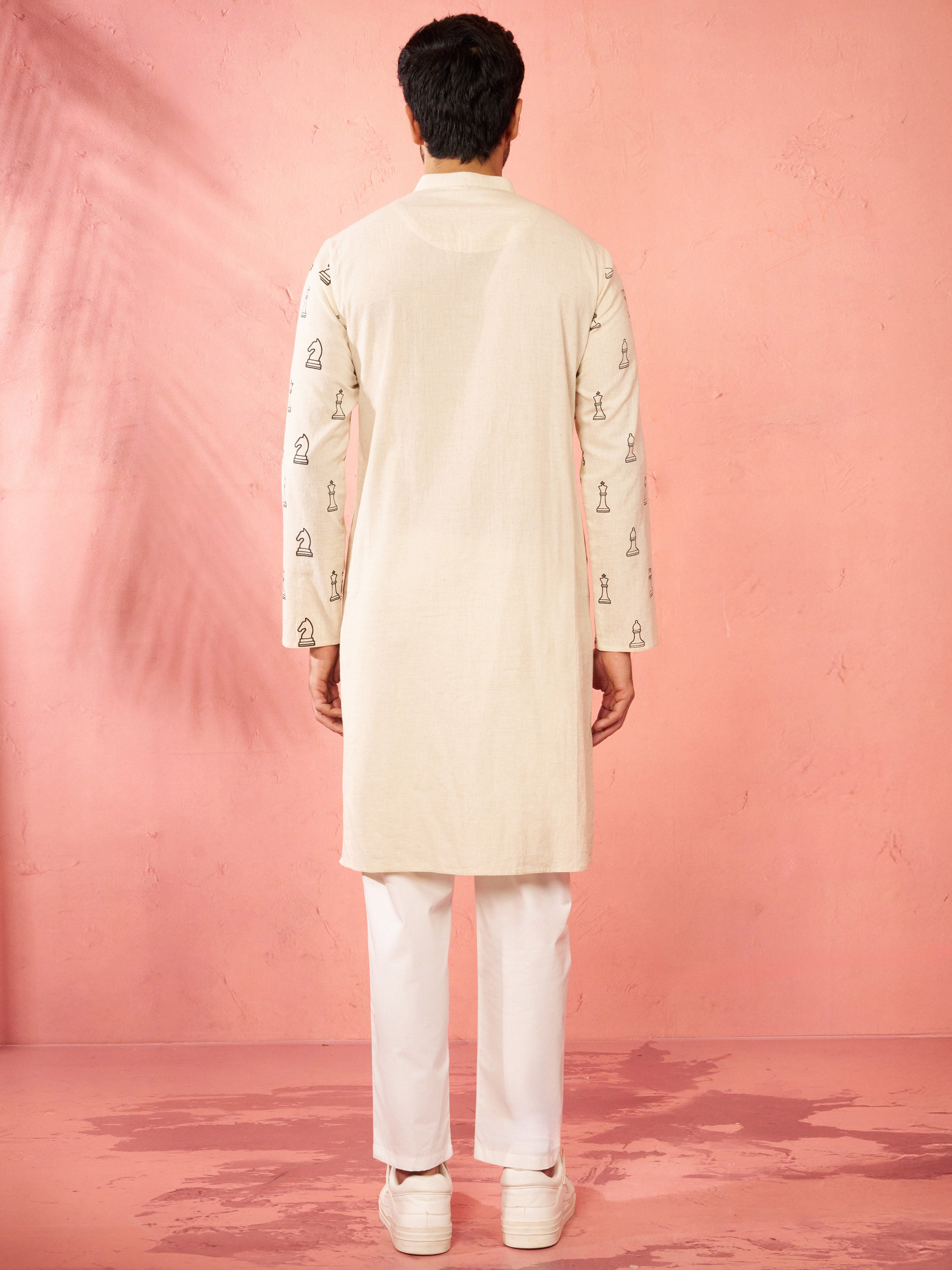 Men's Cream Cotton Kurta with White Pyjama