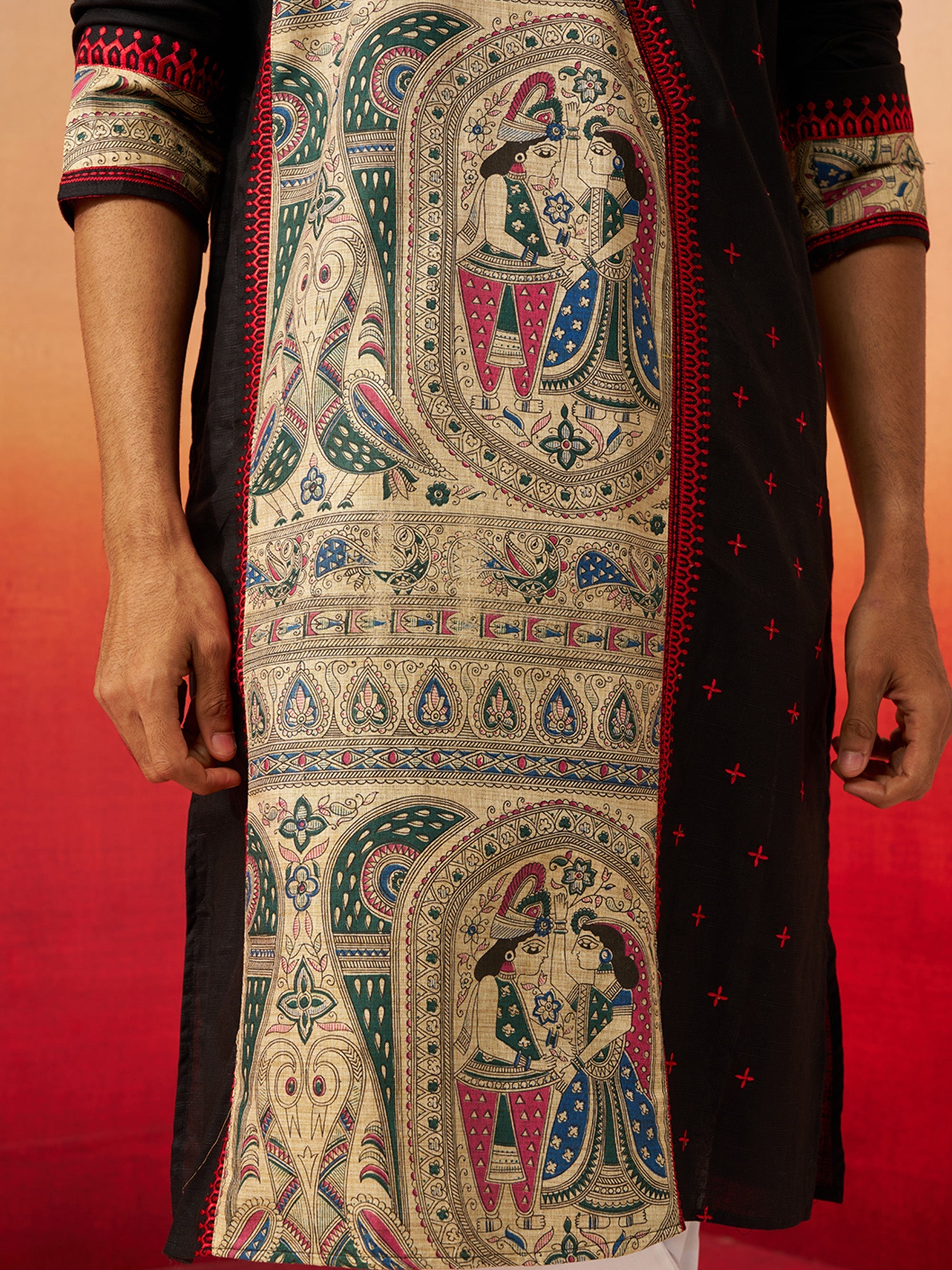 Vastramay Men Black Cotton High Neck Digital Print Kurta