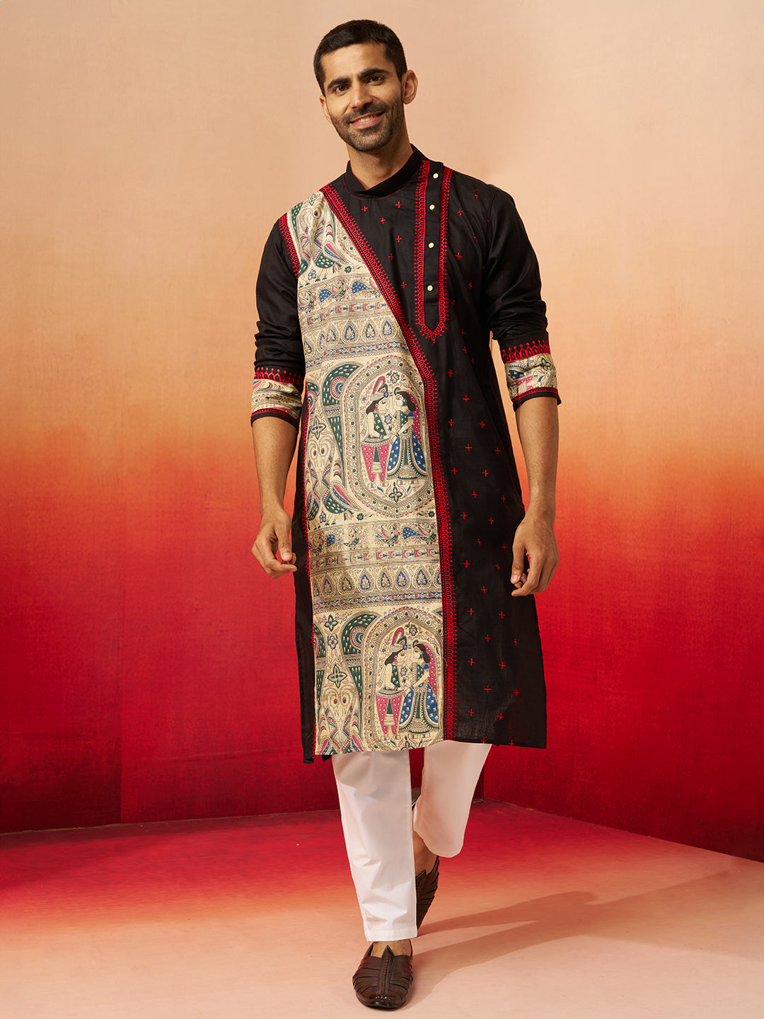 Men's Black Digital Print Kurta with Pyjama