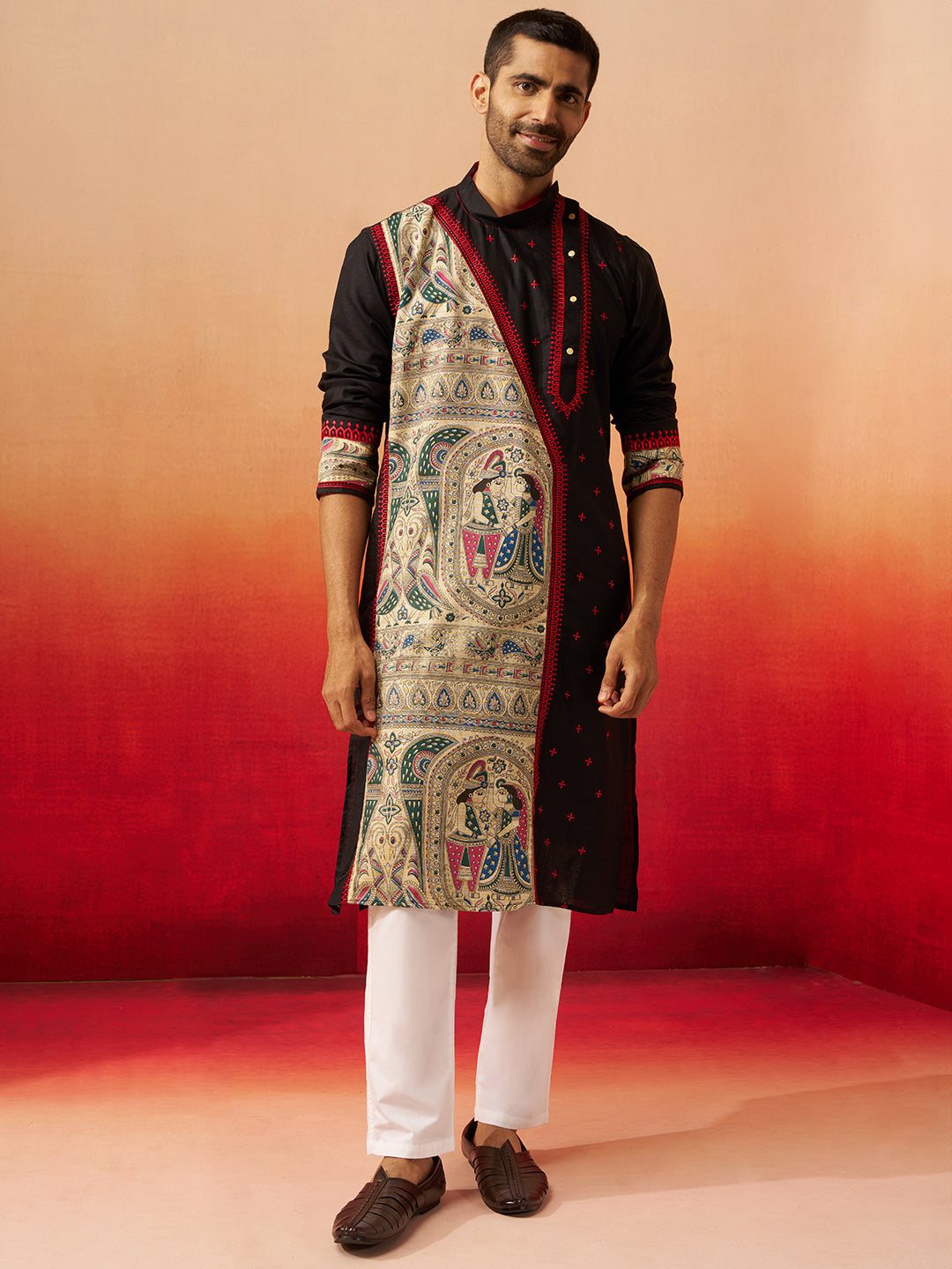 Men's Black Digital Print Kurta with Pyjama