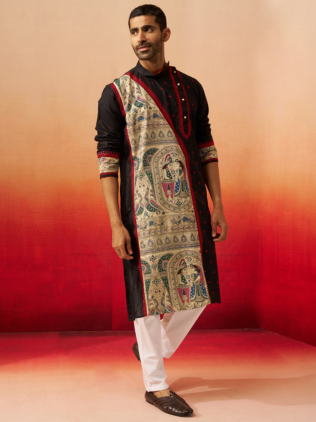Men's Black Digital Print Kurta with Pyjama