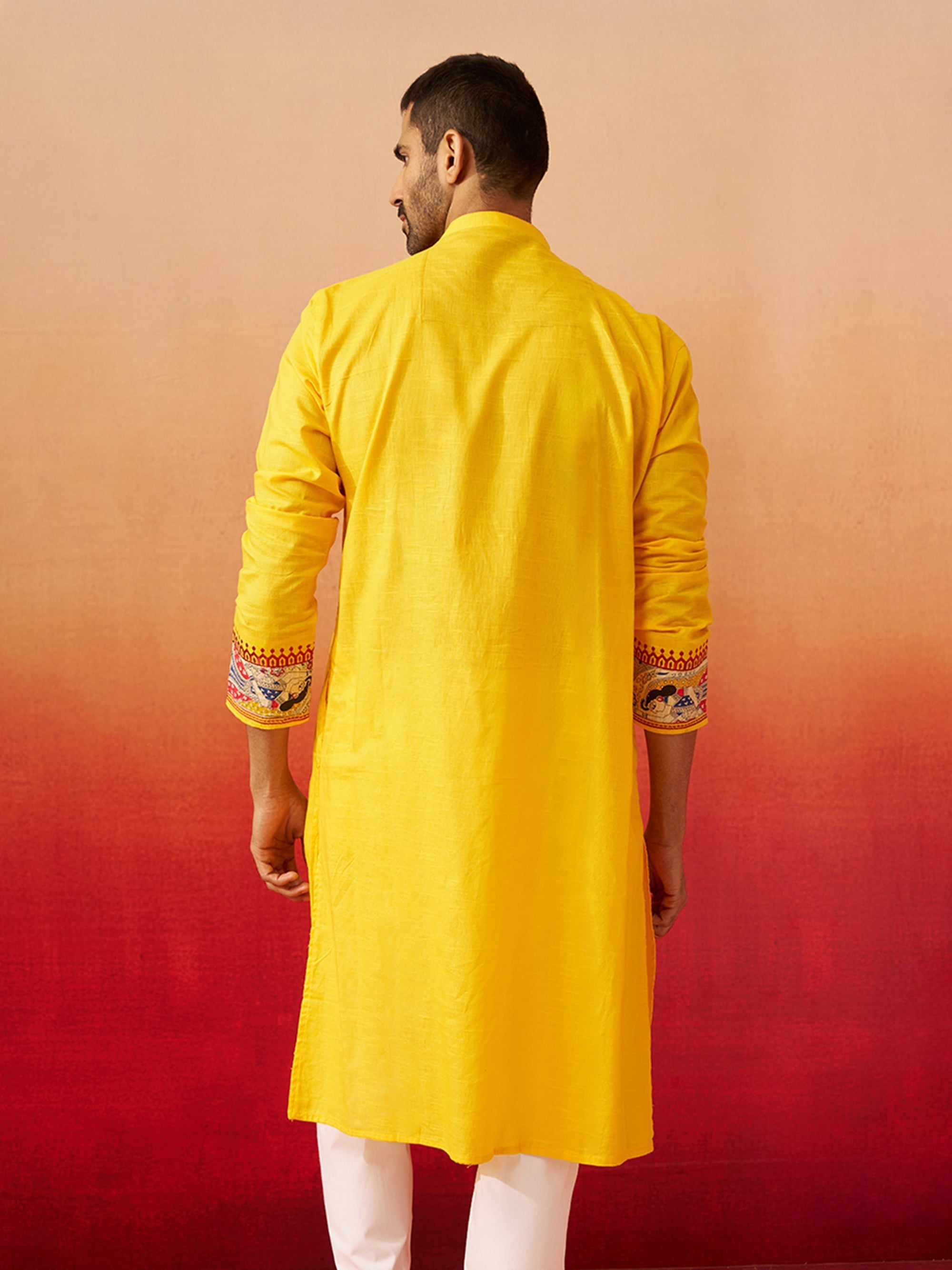 Vastramay Men Yellow Cotton High Neck Digital Print Kurta