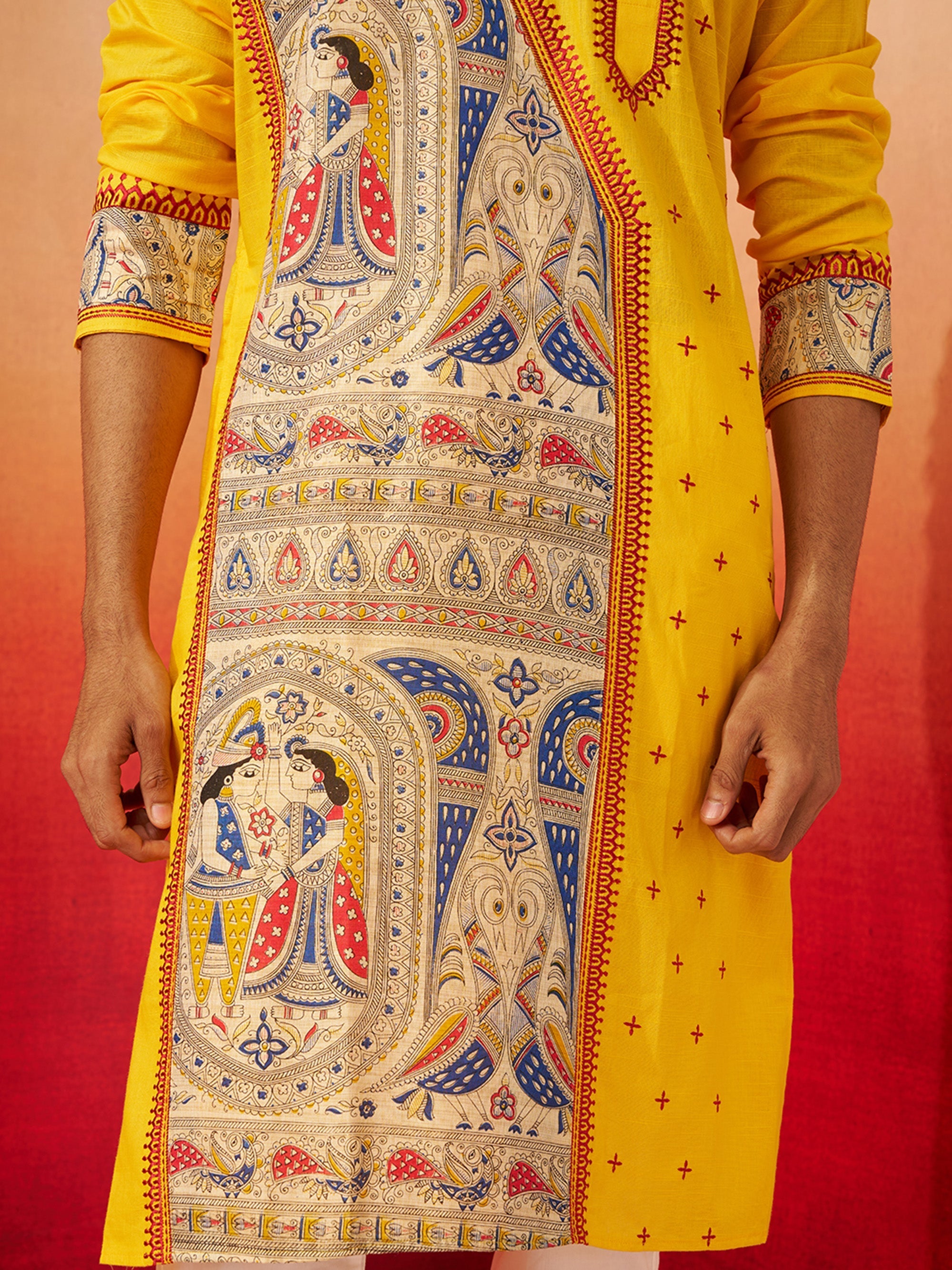 Vastramay Men Yellow Cotton High Neck Digital Print Kurta