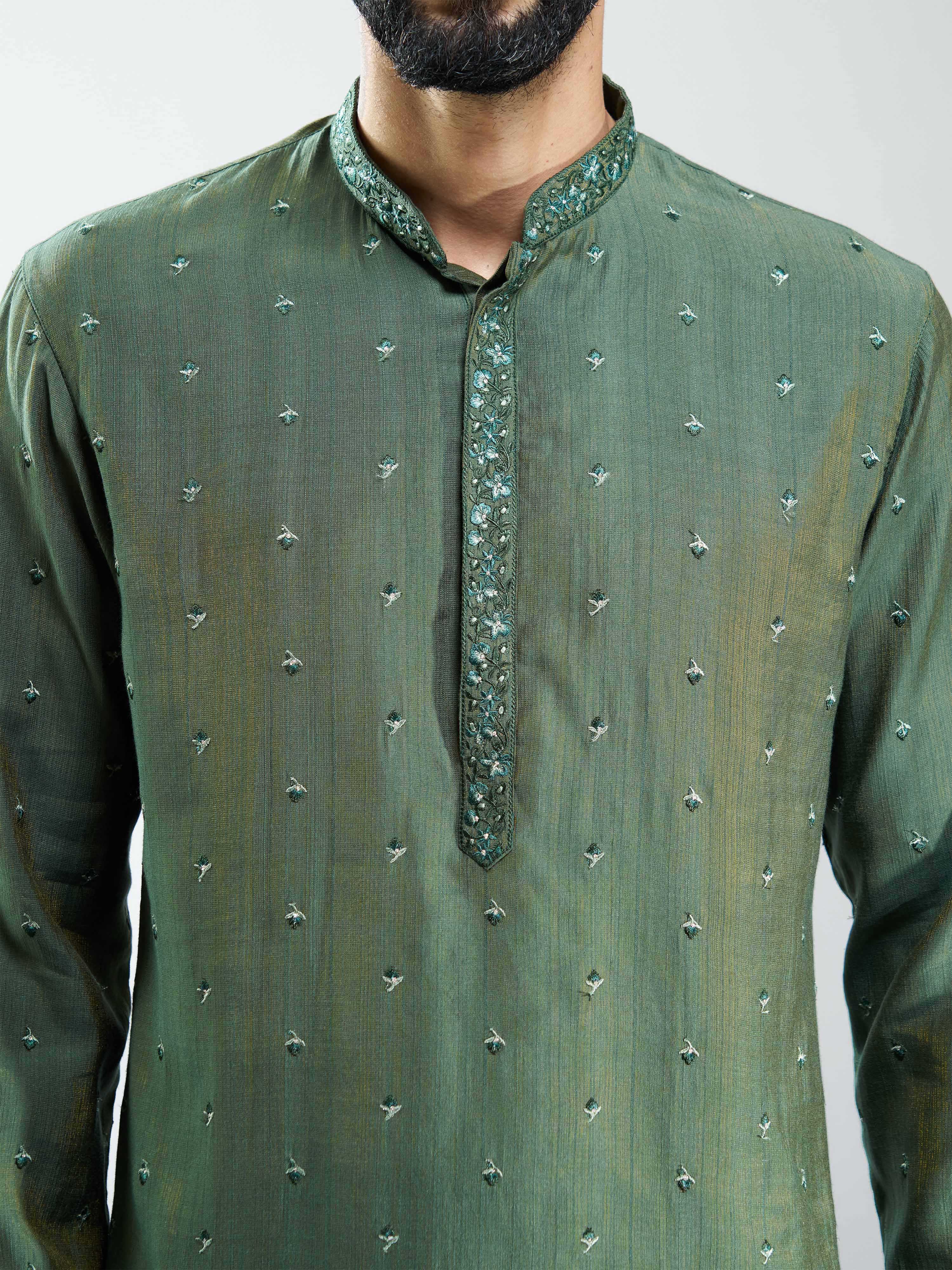 Men Mehendi Green Silk Blend Embroidered Long Kurta