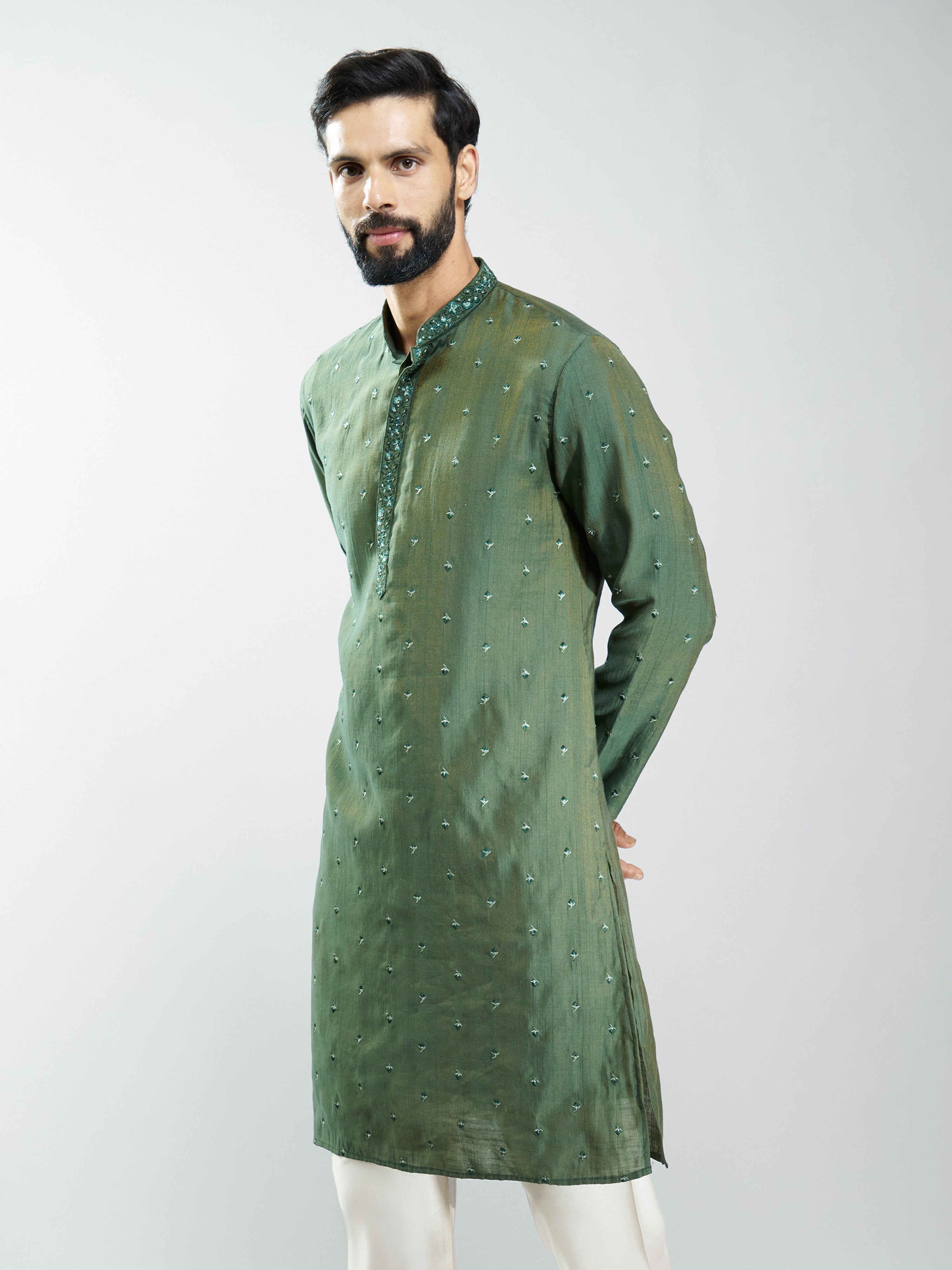 Men Mehendi Green Silk Blend Embroidered Long Kurta