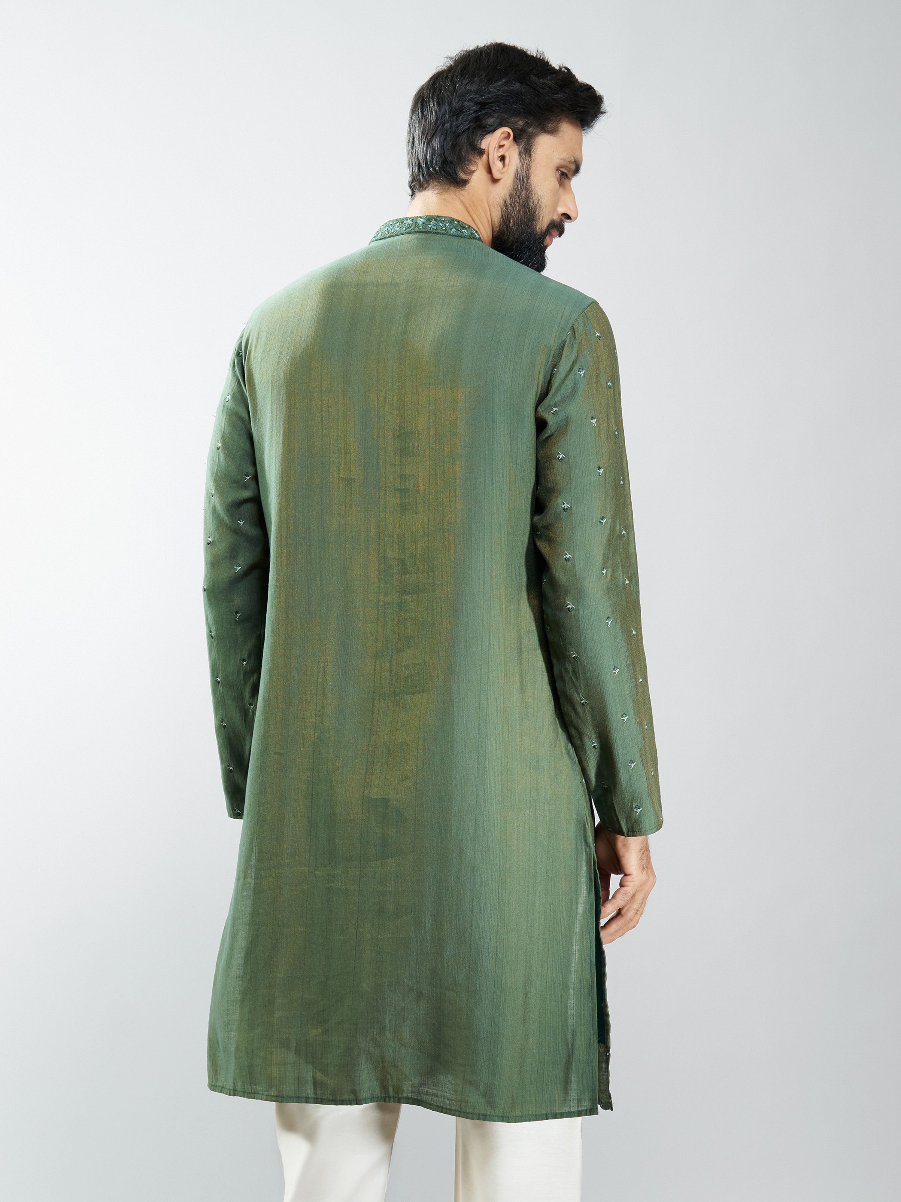 Men Mehendi Green Silk Blend Embroidered Long Kurta