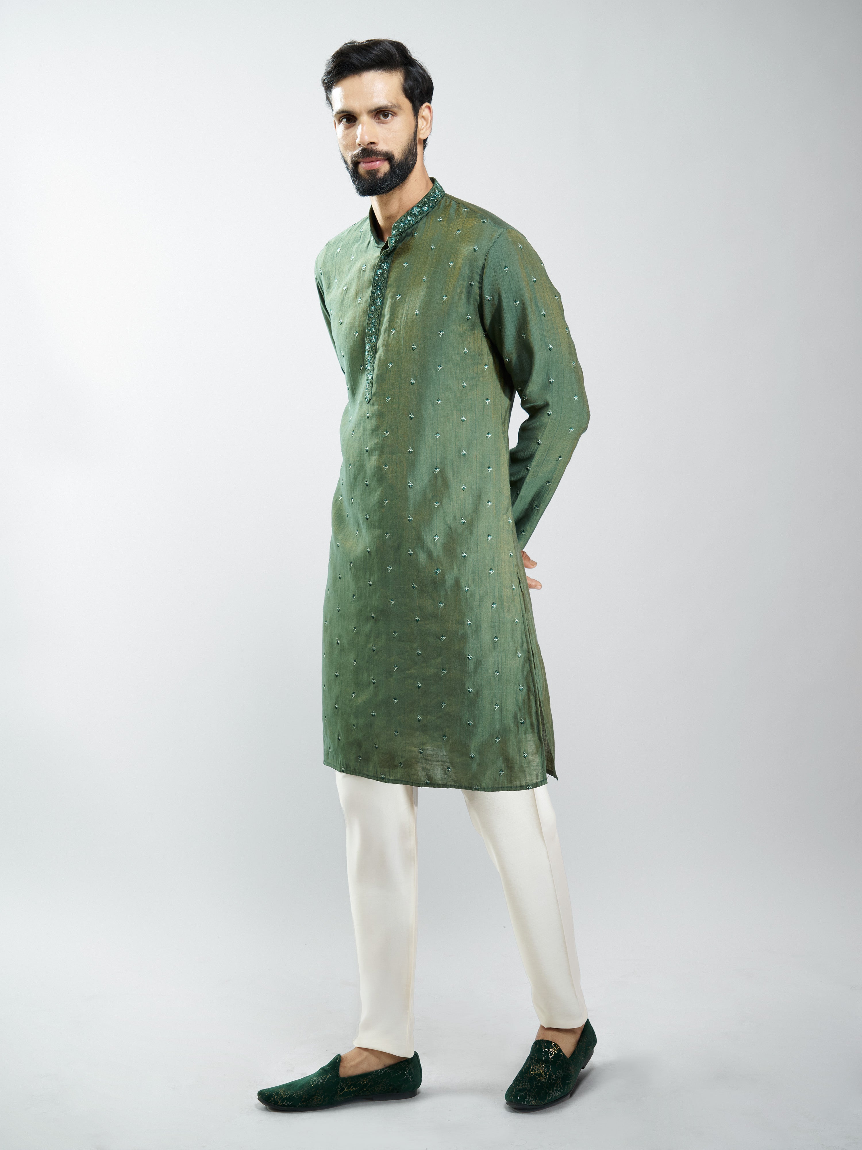 Men Mehendi Green Silk Blend Embroidered Long Kurta