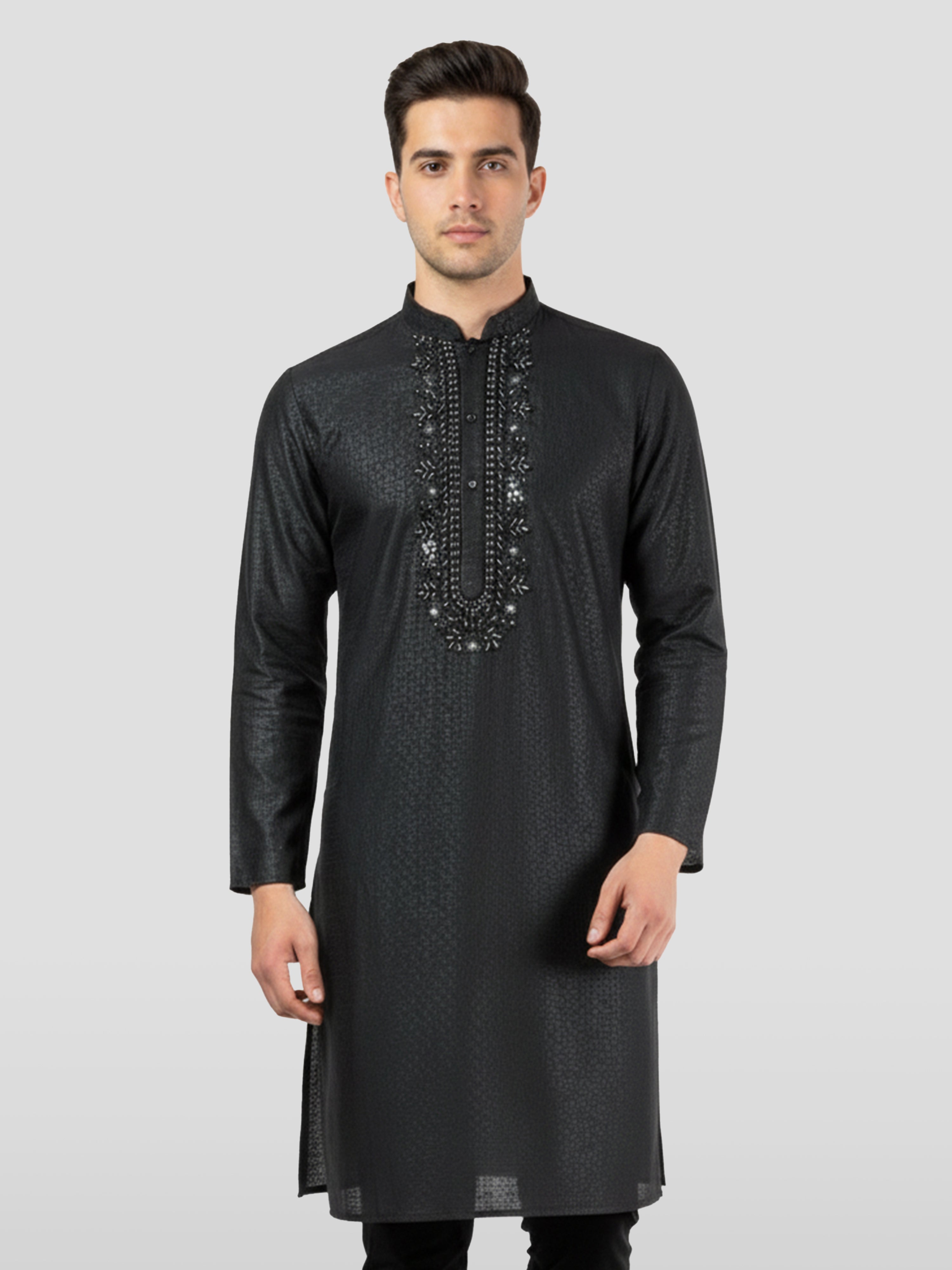 Men's Black Zudio Emboss Silk Kurta