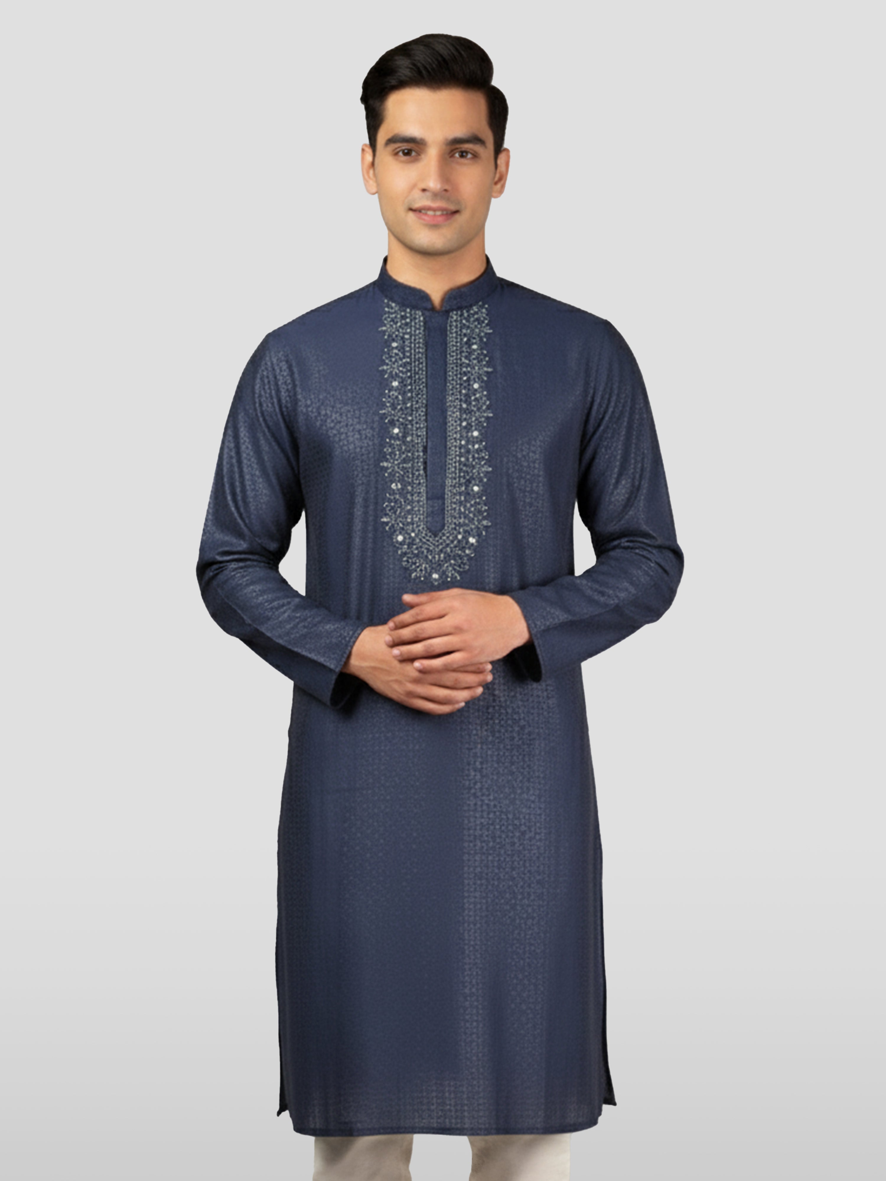 Men's Navy Blue Zudio Emboss Silk Kurta