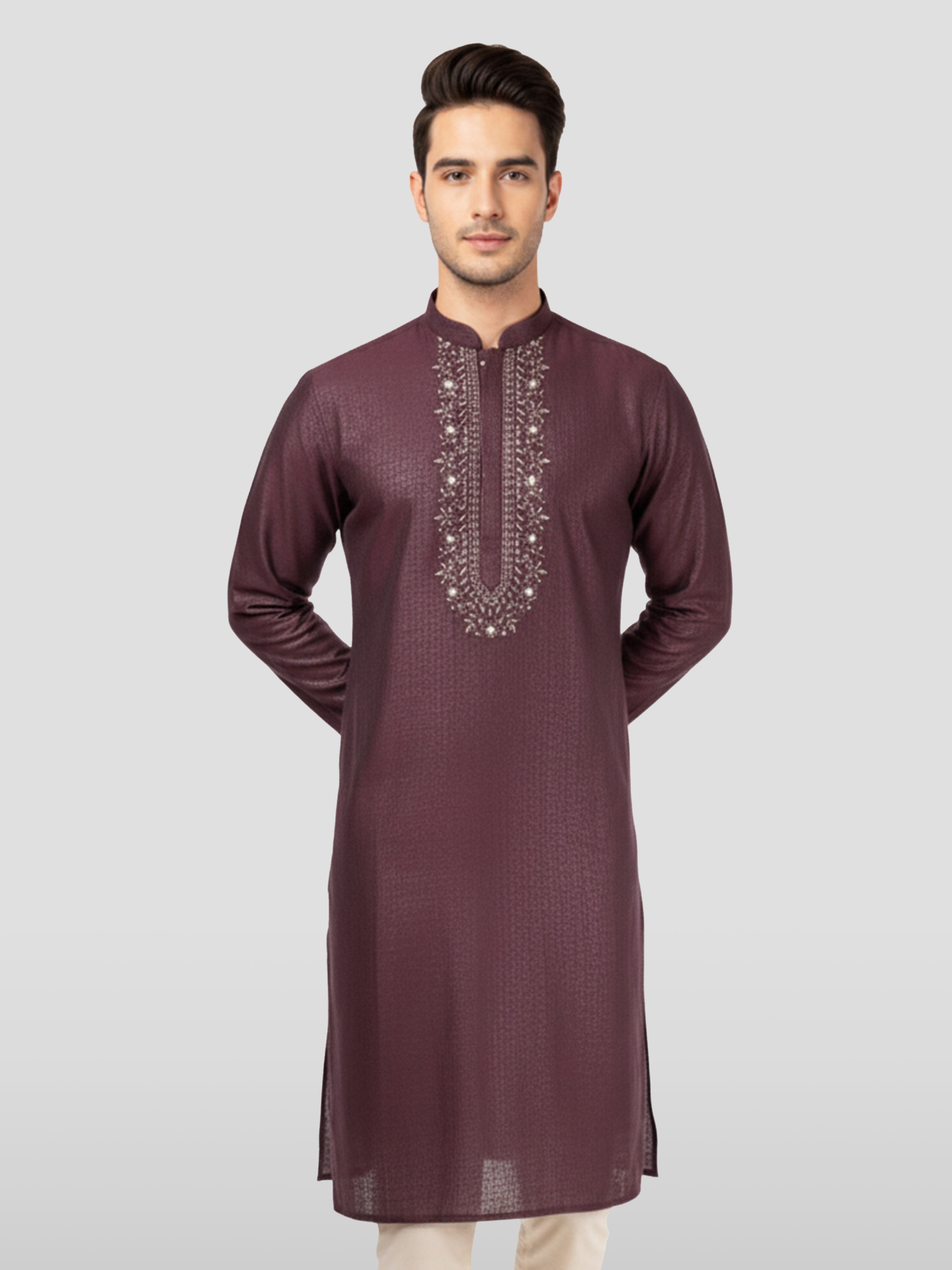 Men's Wine Emboss Silk Kurta
