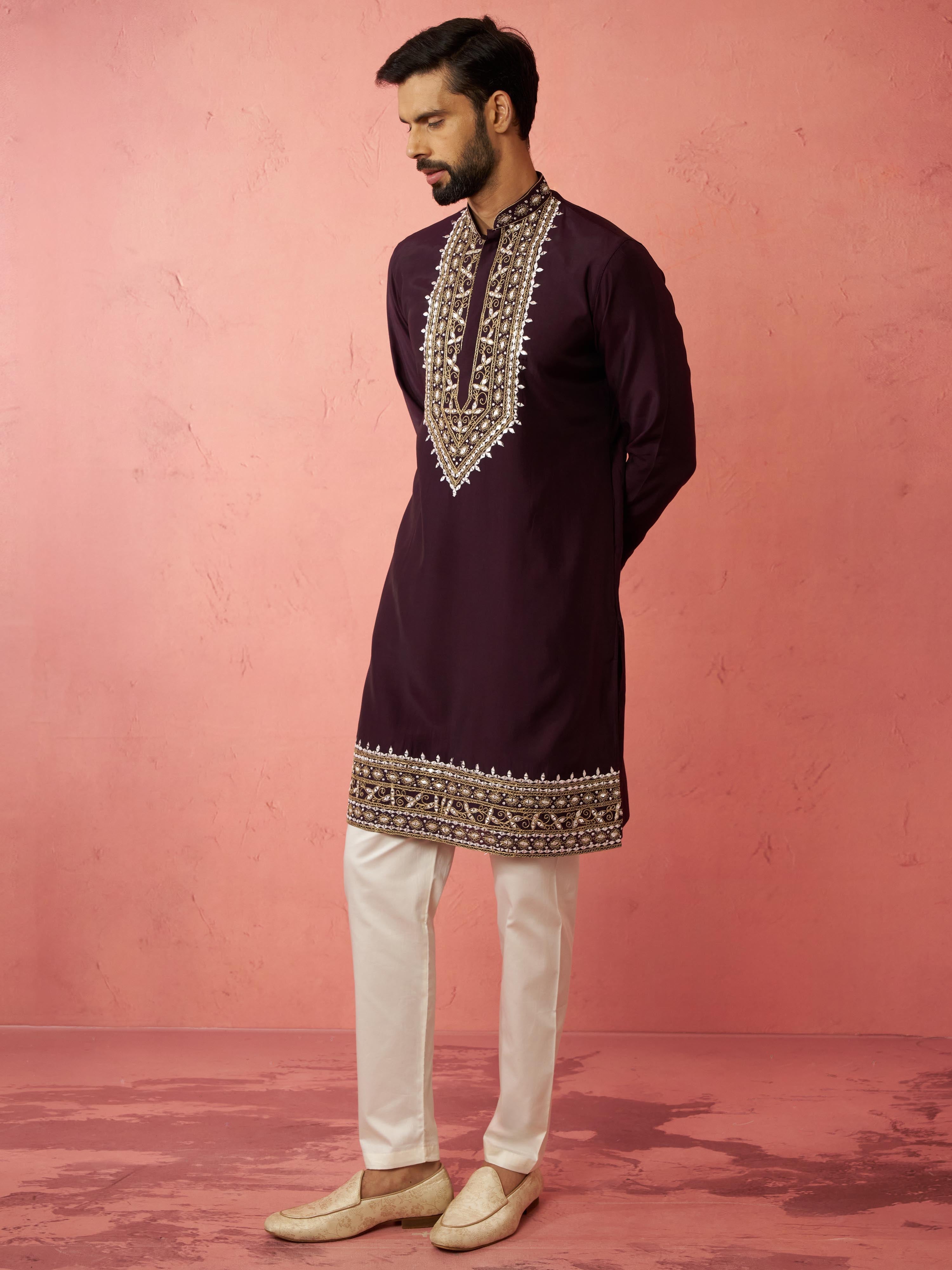 Men's Purple Chanderi Kurta Set with Cream Pyjama