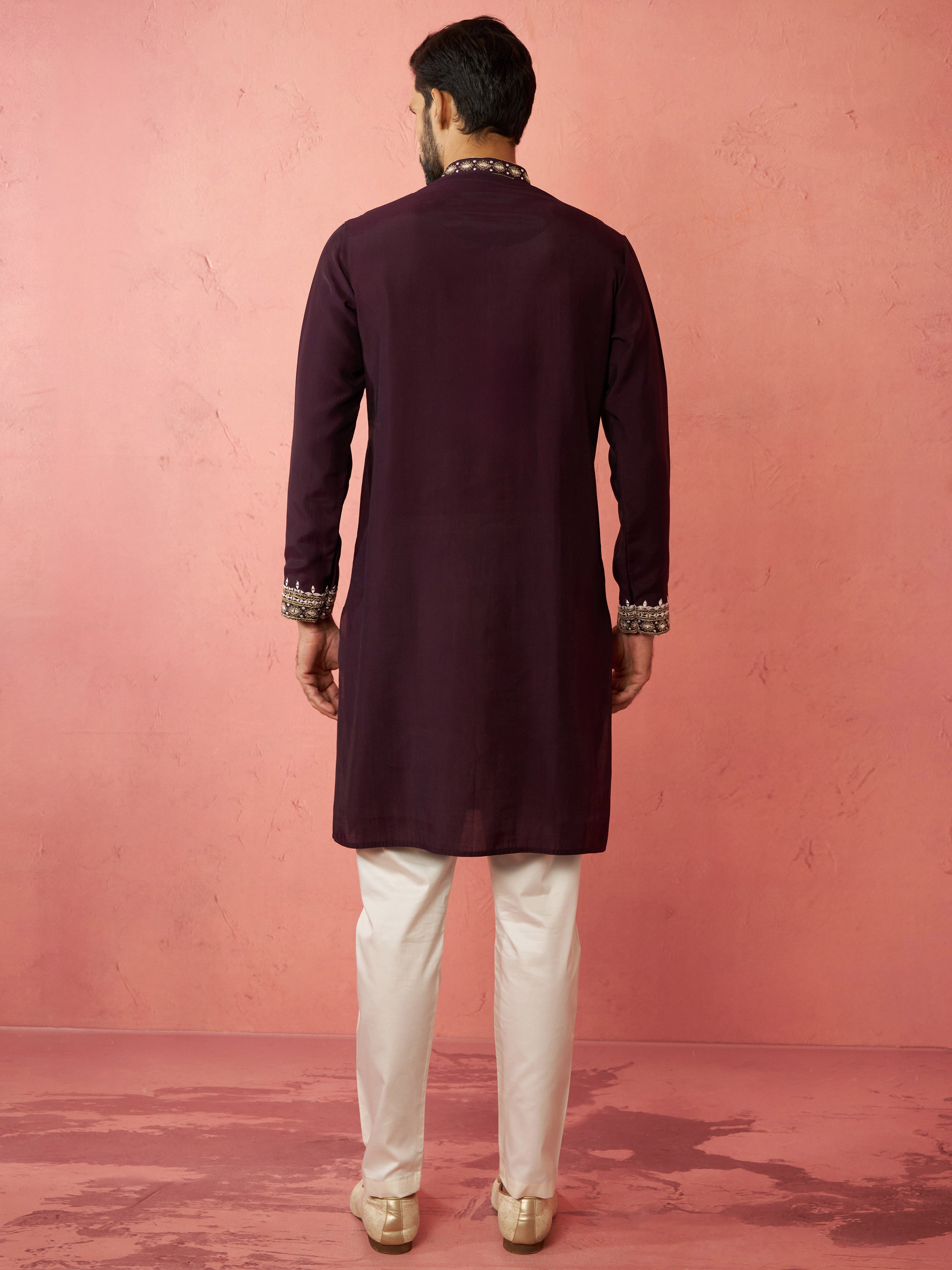 Men's Purple Chanderi Kurta Set with Cream Pyjama