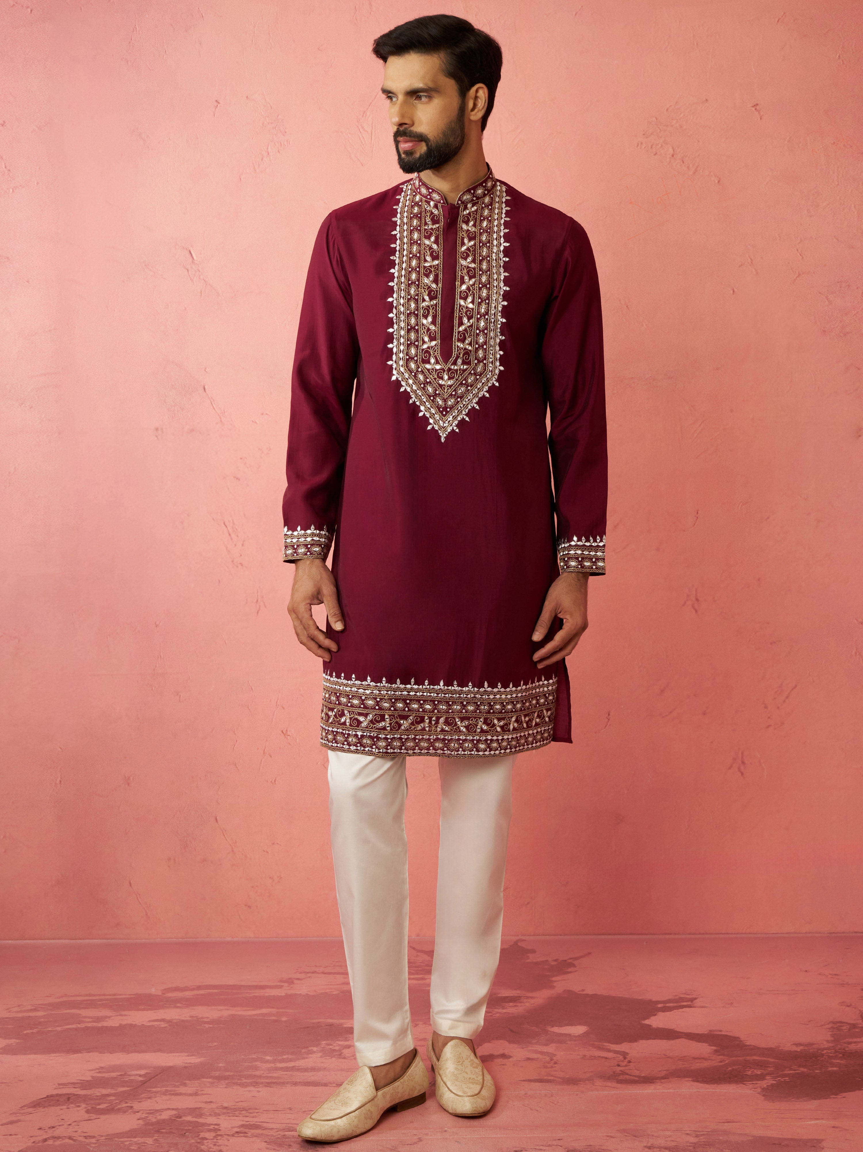 Men's Wine Chanderi Kurta Set with Cream Pyjama