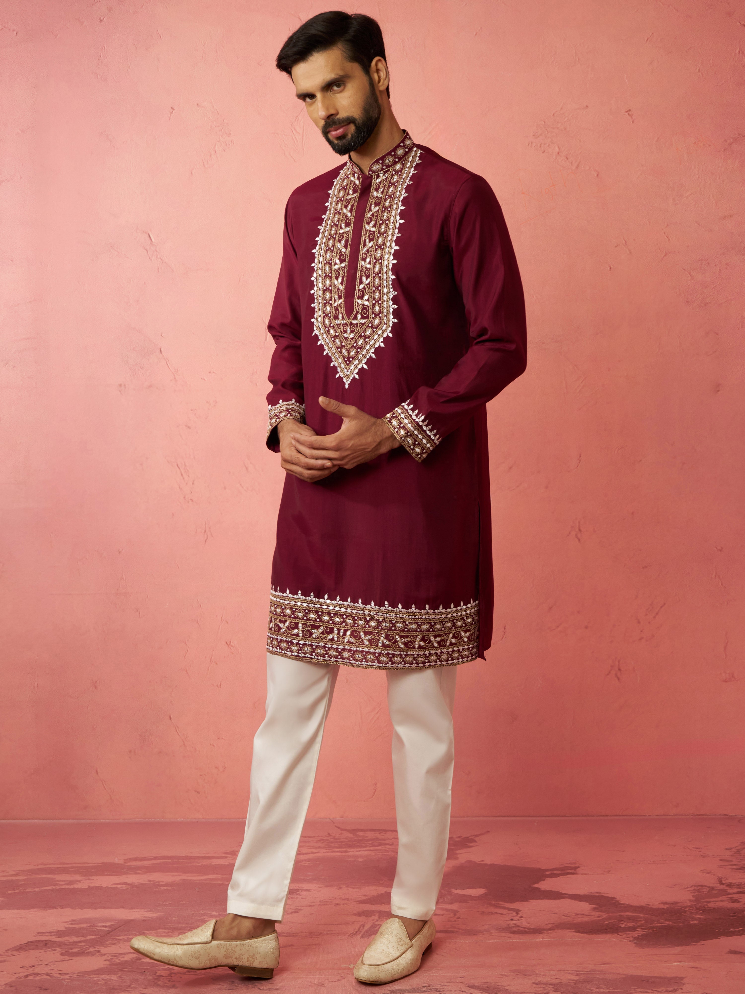 Men's Wine Chanderi Kurta Set with Cream Pyjama