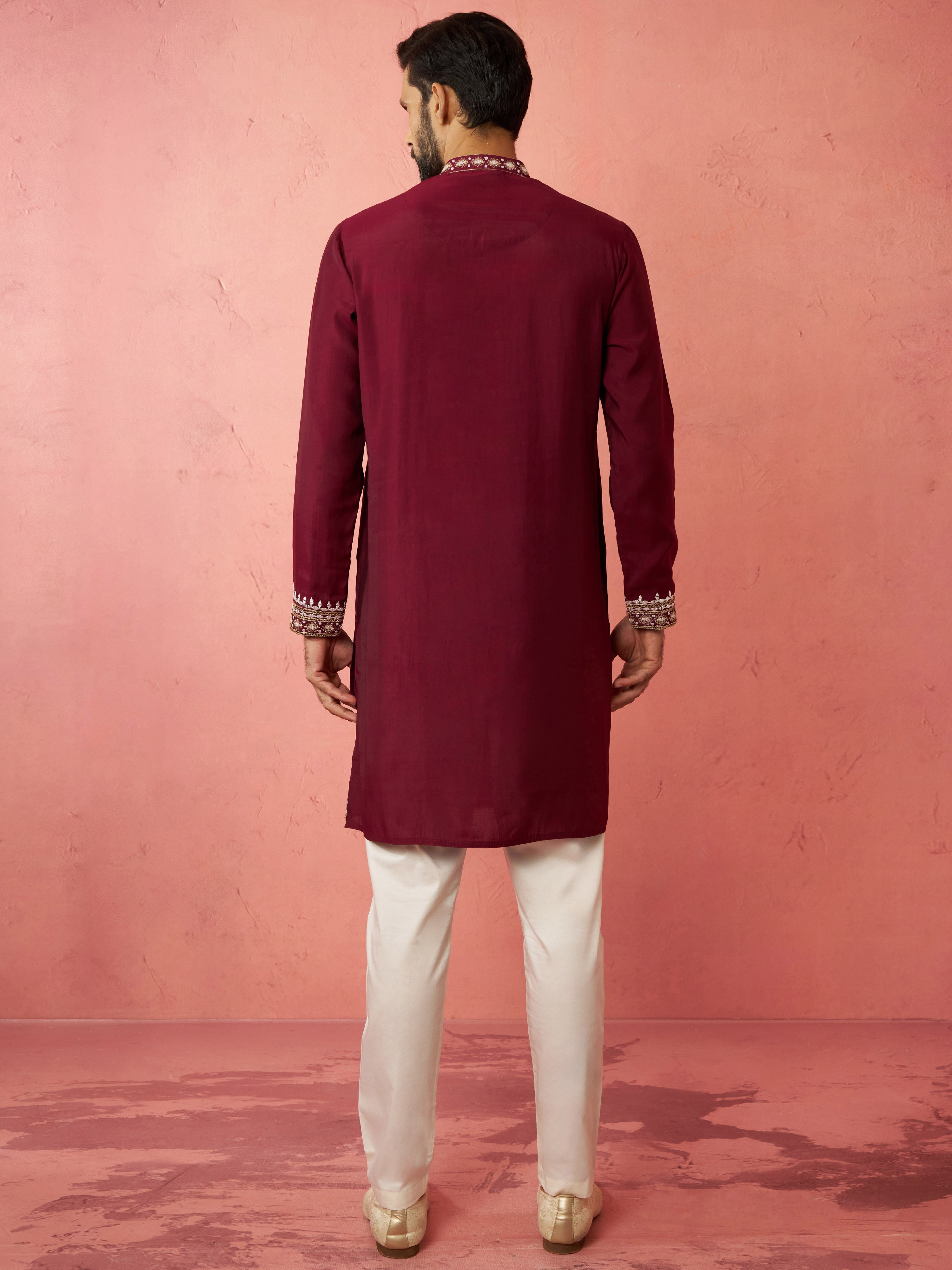 Men's Wine Chanderi Kurta Set with Cream Pyjama
