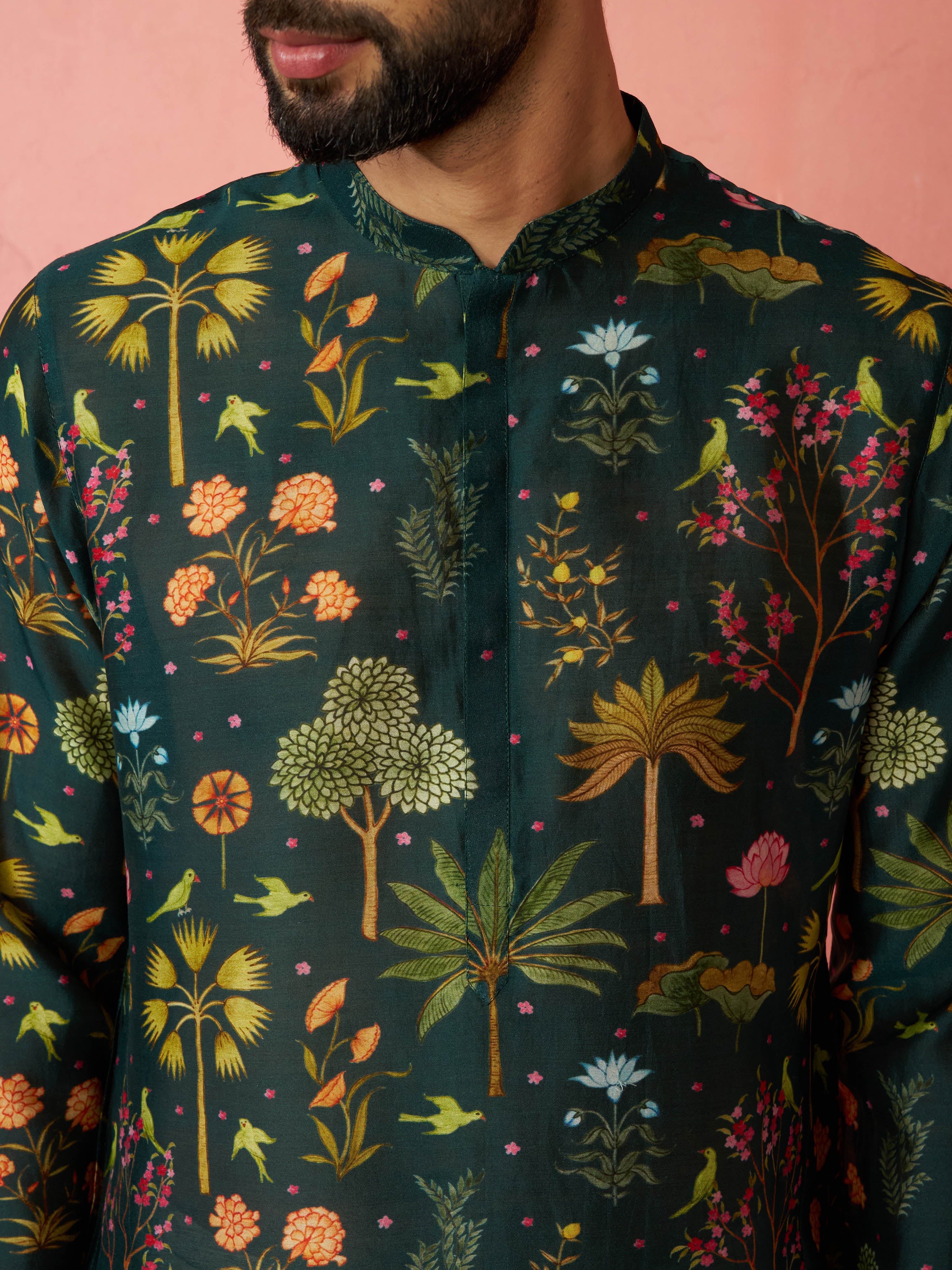 Men's Bottle Green Digital Print Kurta with Cotton Pyjama Set