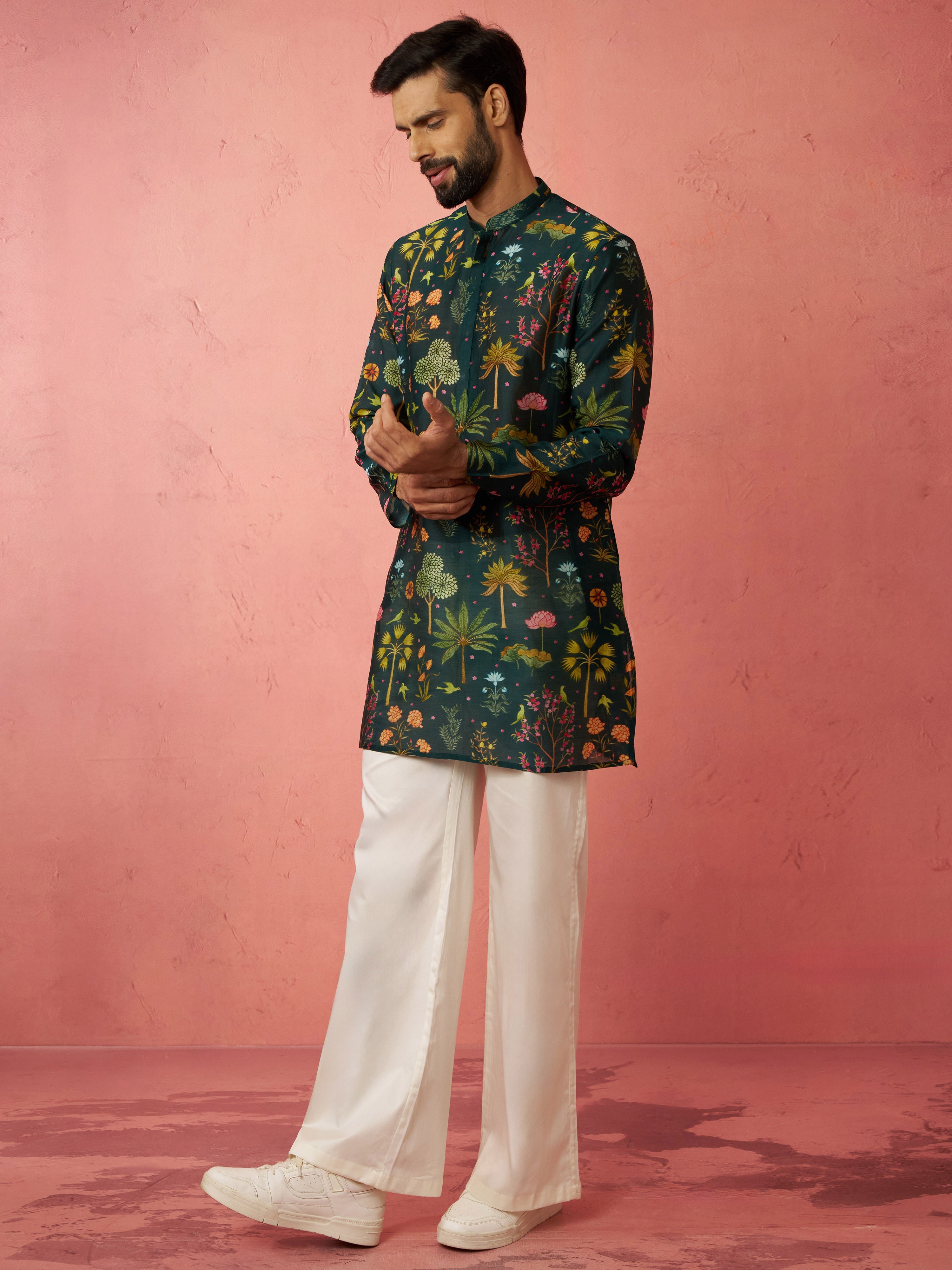 Men's Bottle Green Digital Print Kurta with Cream Satin Palazzo Set
