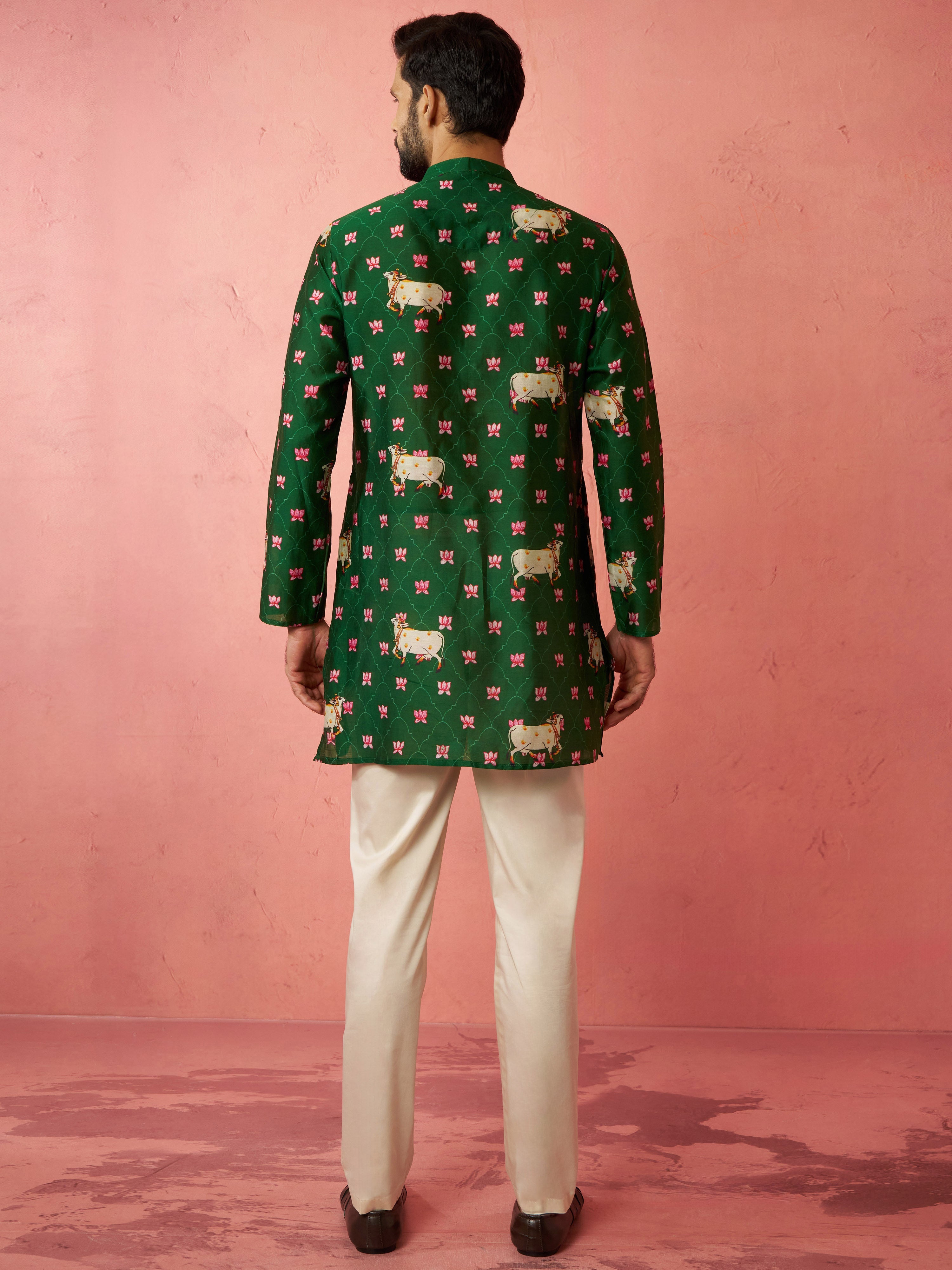 Men's Green Digital Print Kurta with Cotton Pyjama