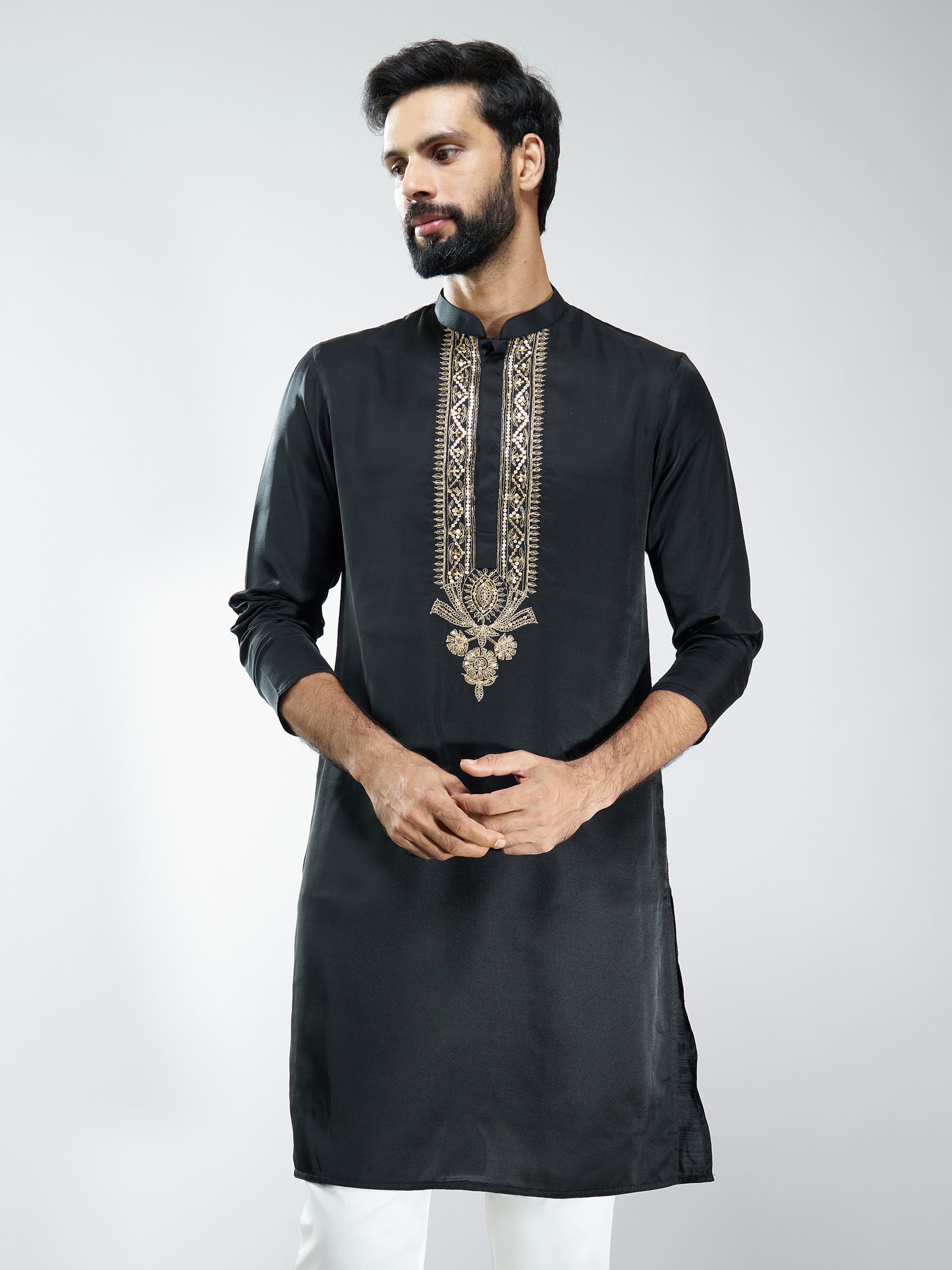 Men Black Silk Embroidered Kurta