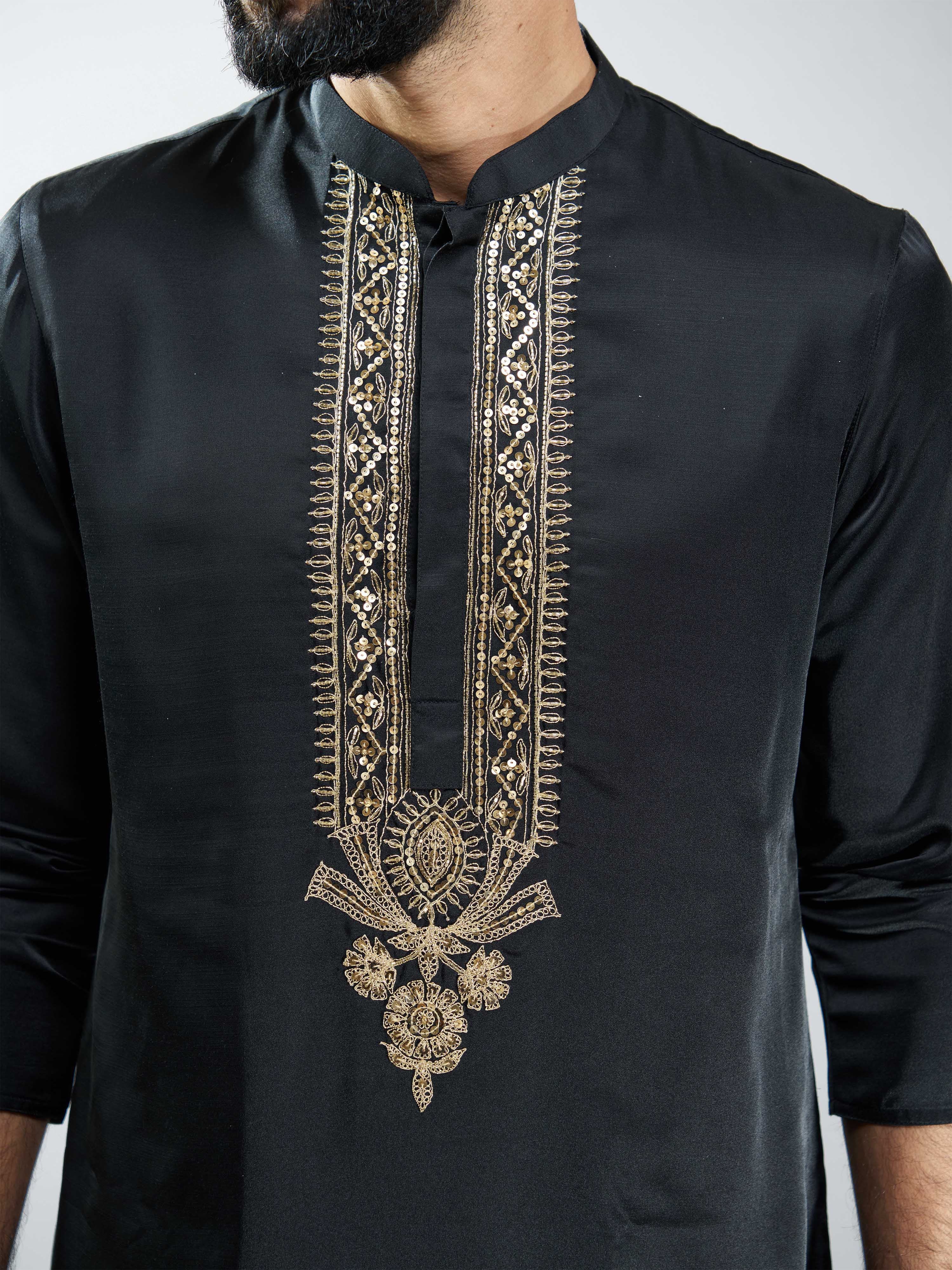 Men Black Silk Embroidered Kurta