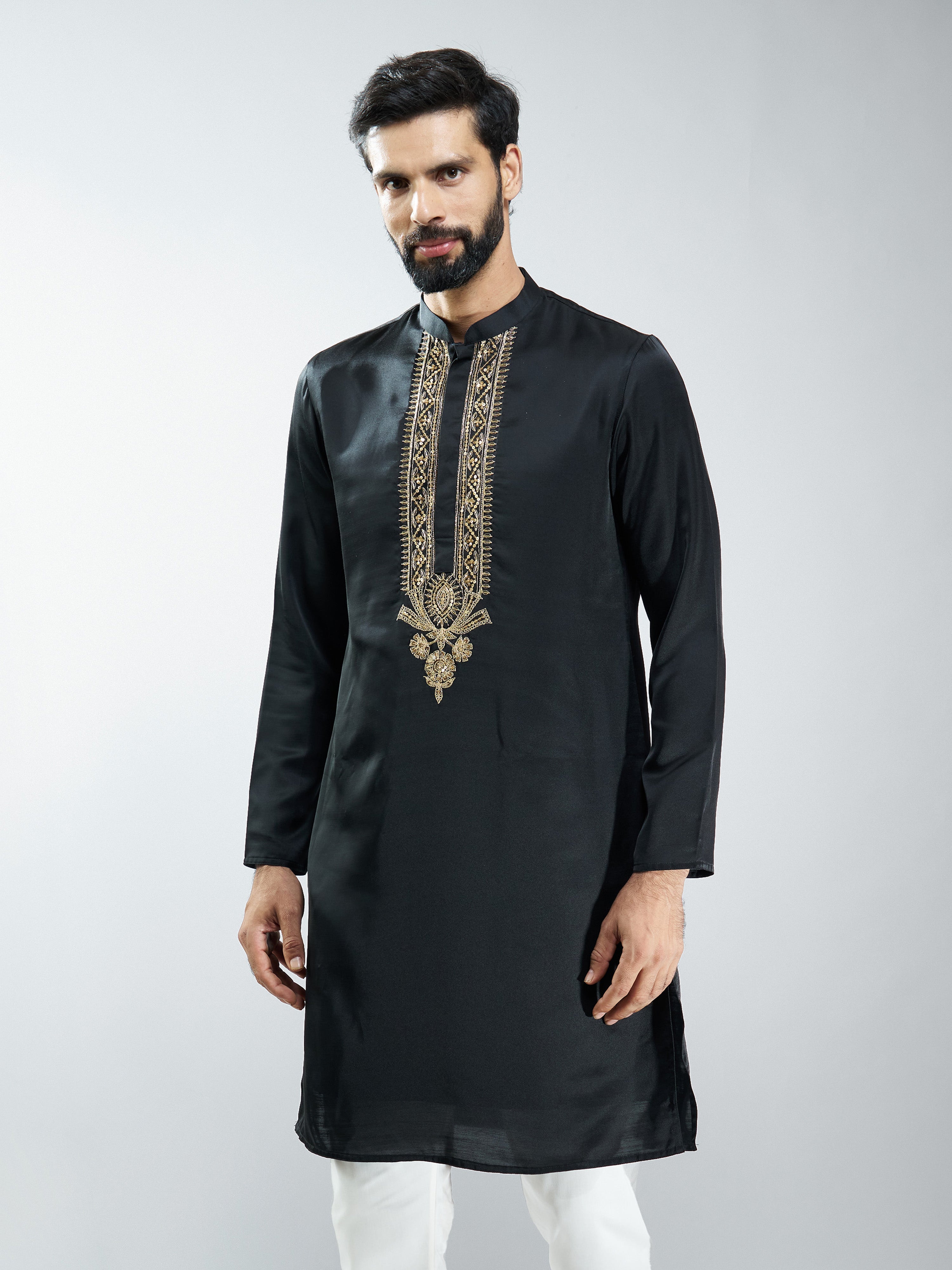 Men Black Silk Embroidered Kurta