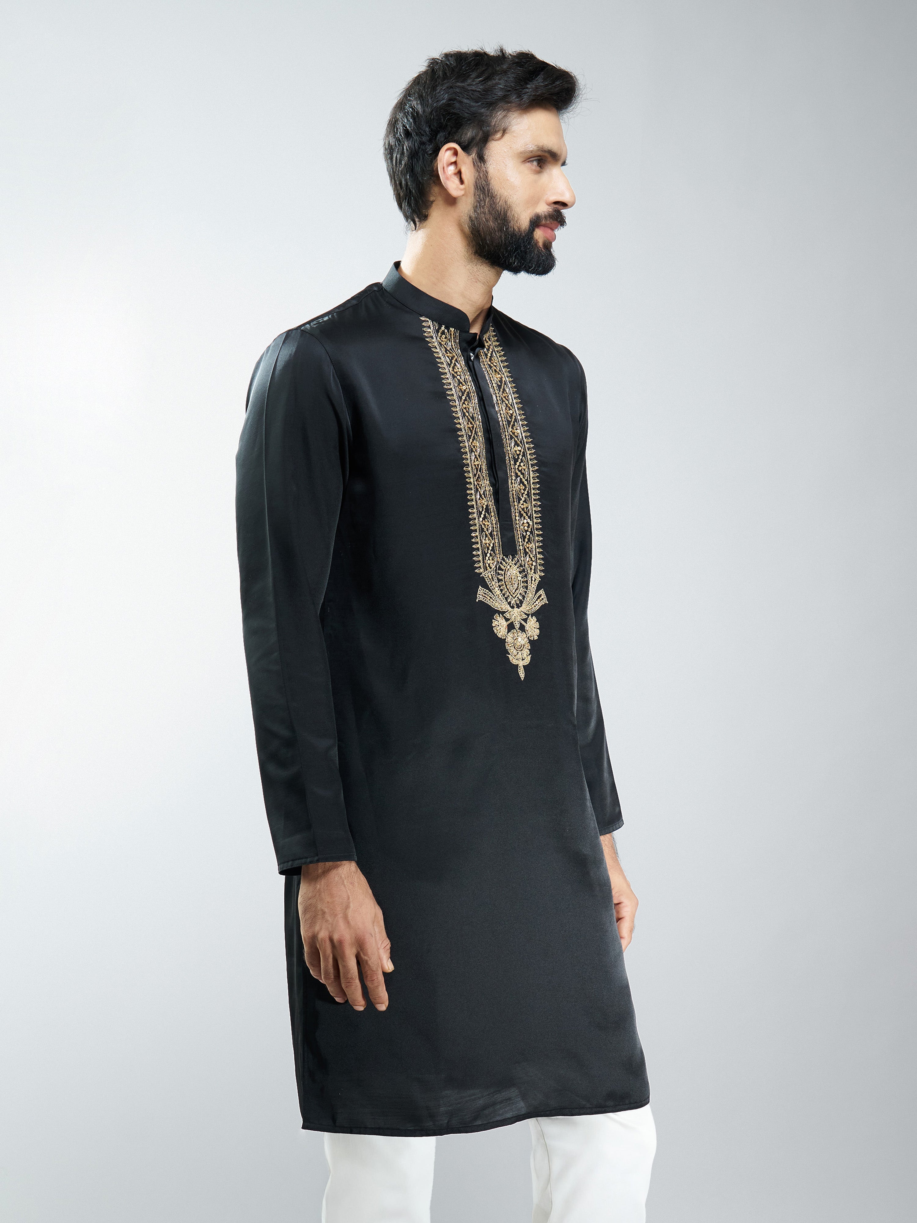 Men Black Silk Embroidered Kurta