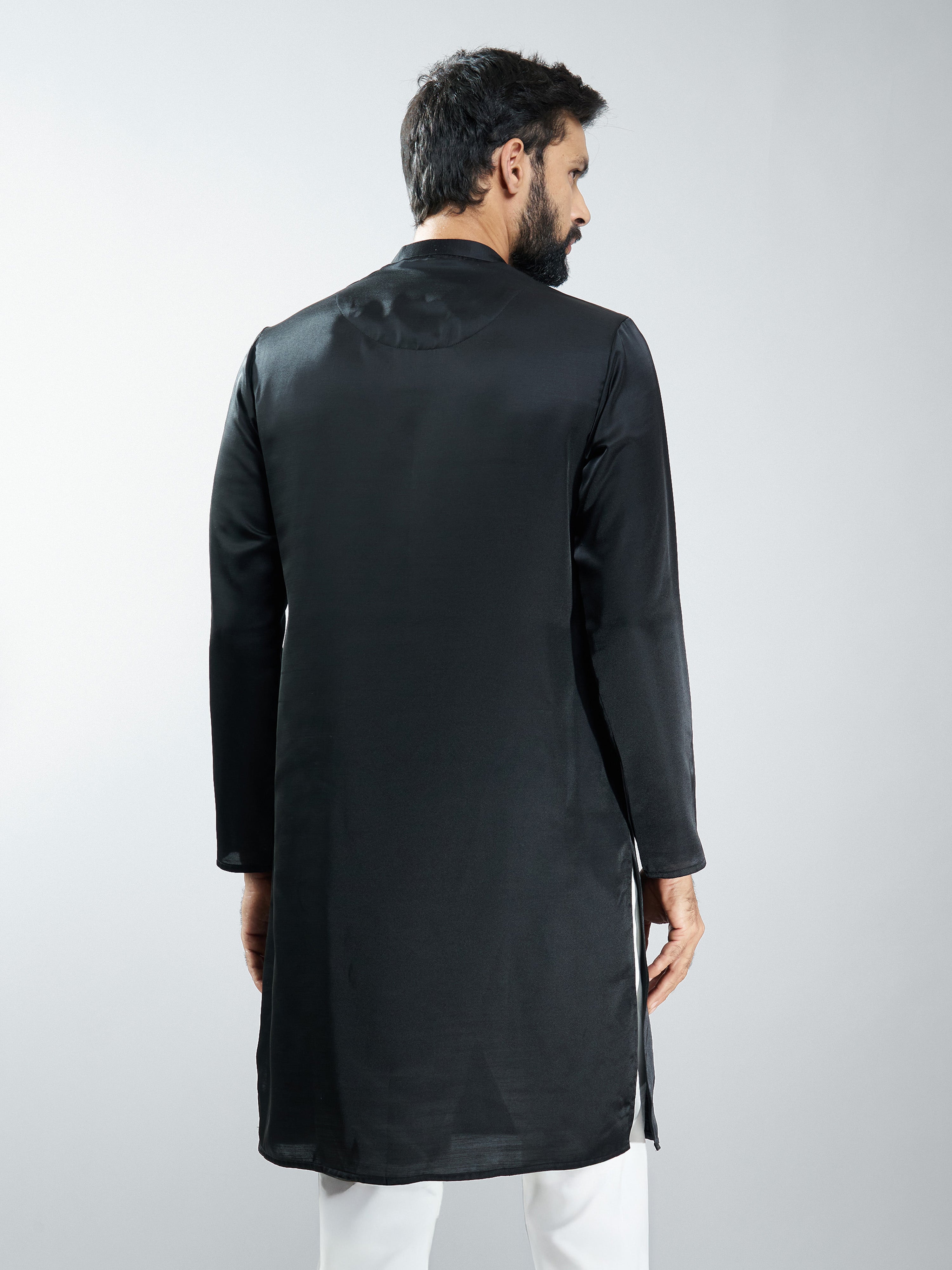 Men Black Silk Embroidered Kurta