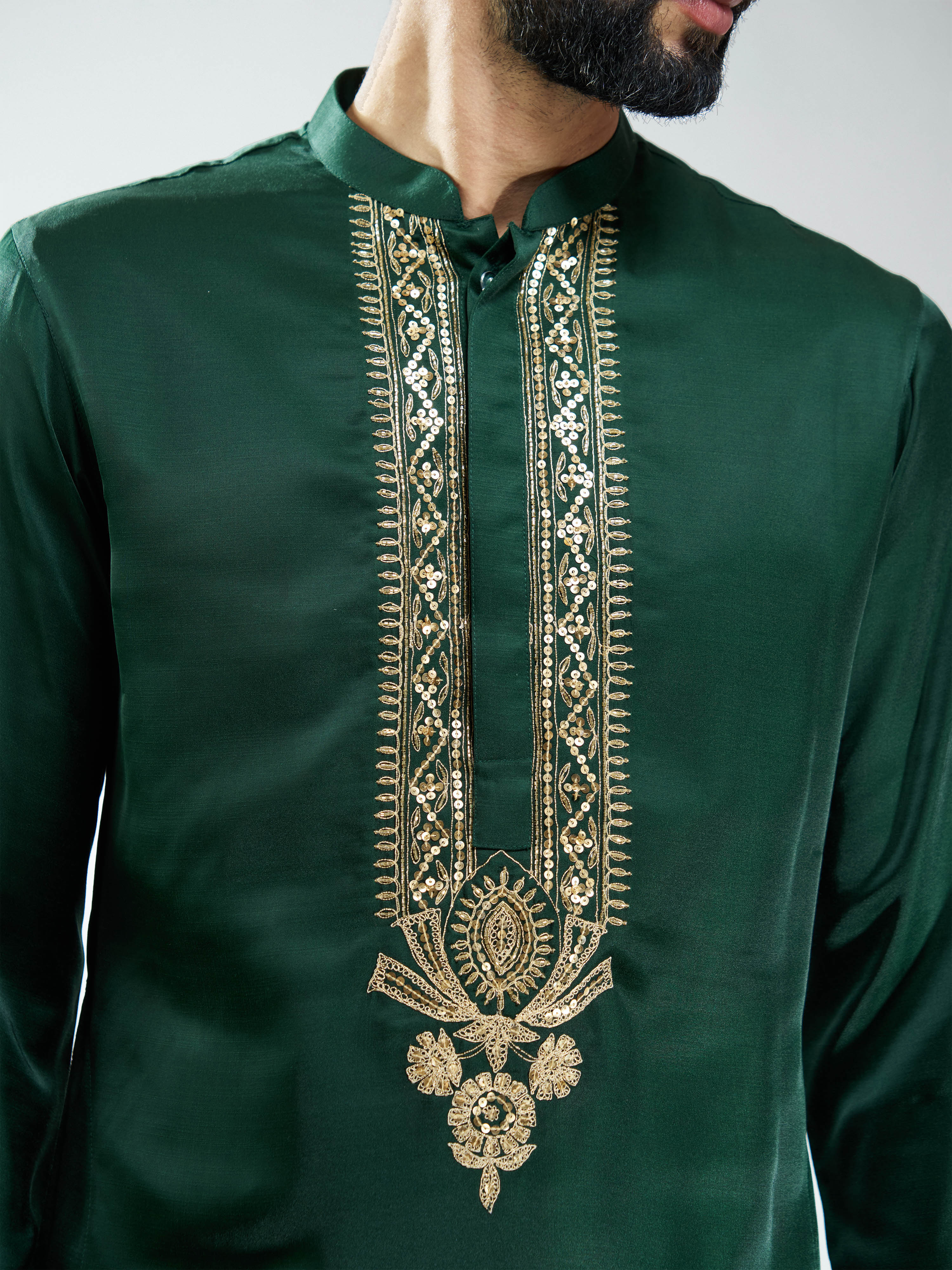 Men Bottle Green Silk Embroidered Kurta