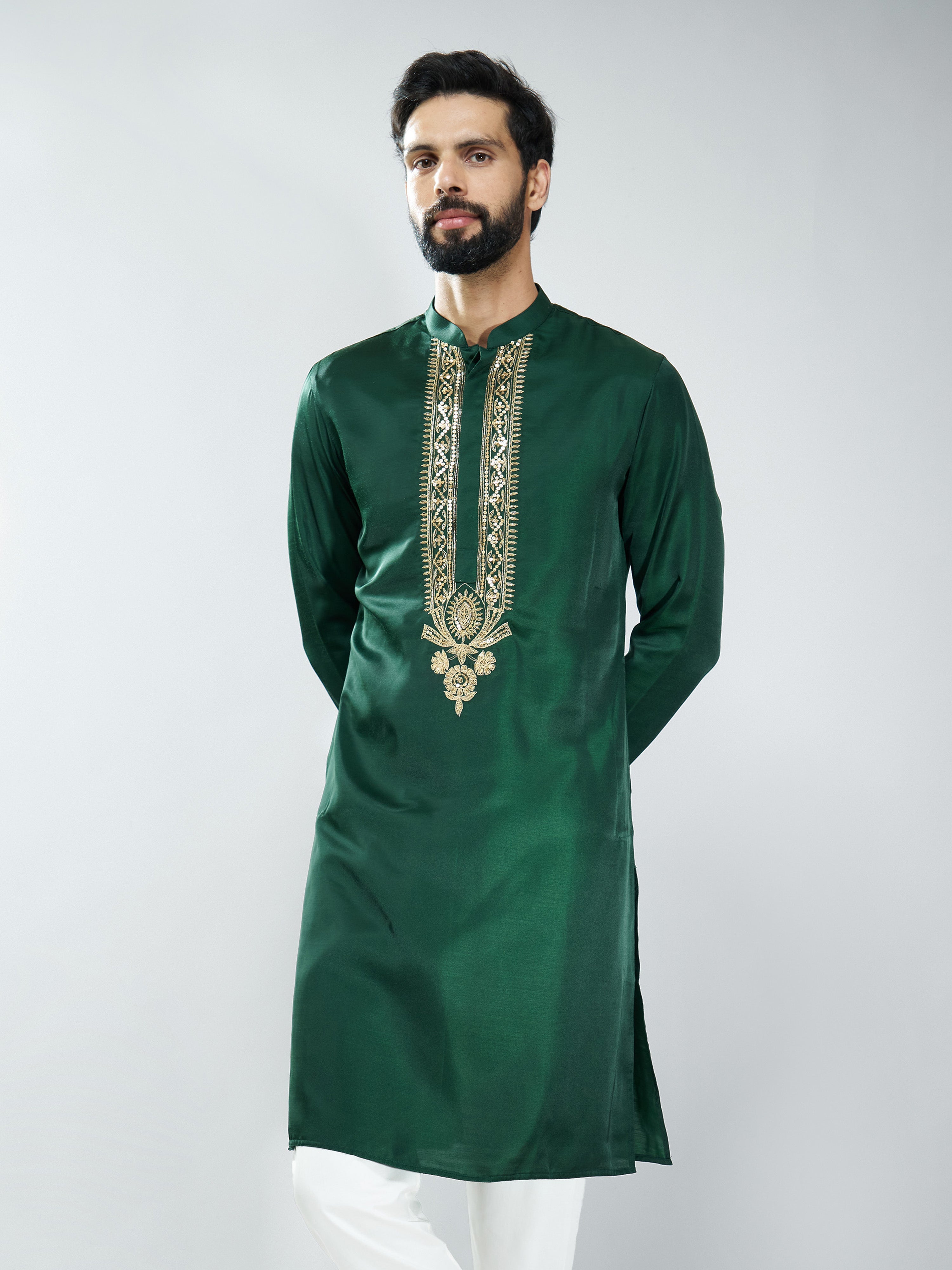 Men Bottle Green Silk Embroidered Kurta