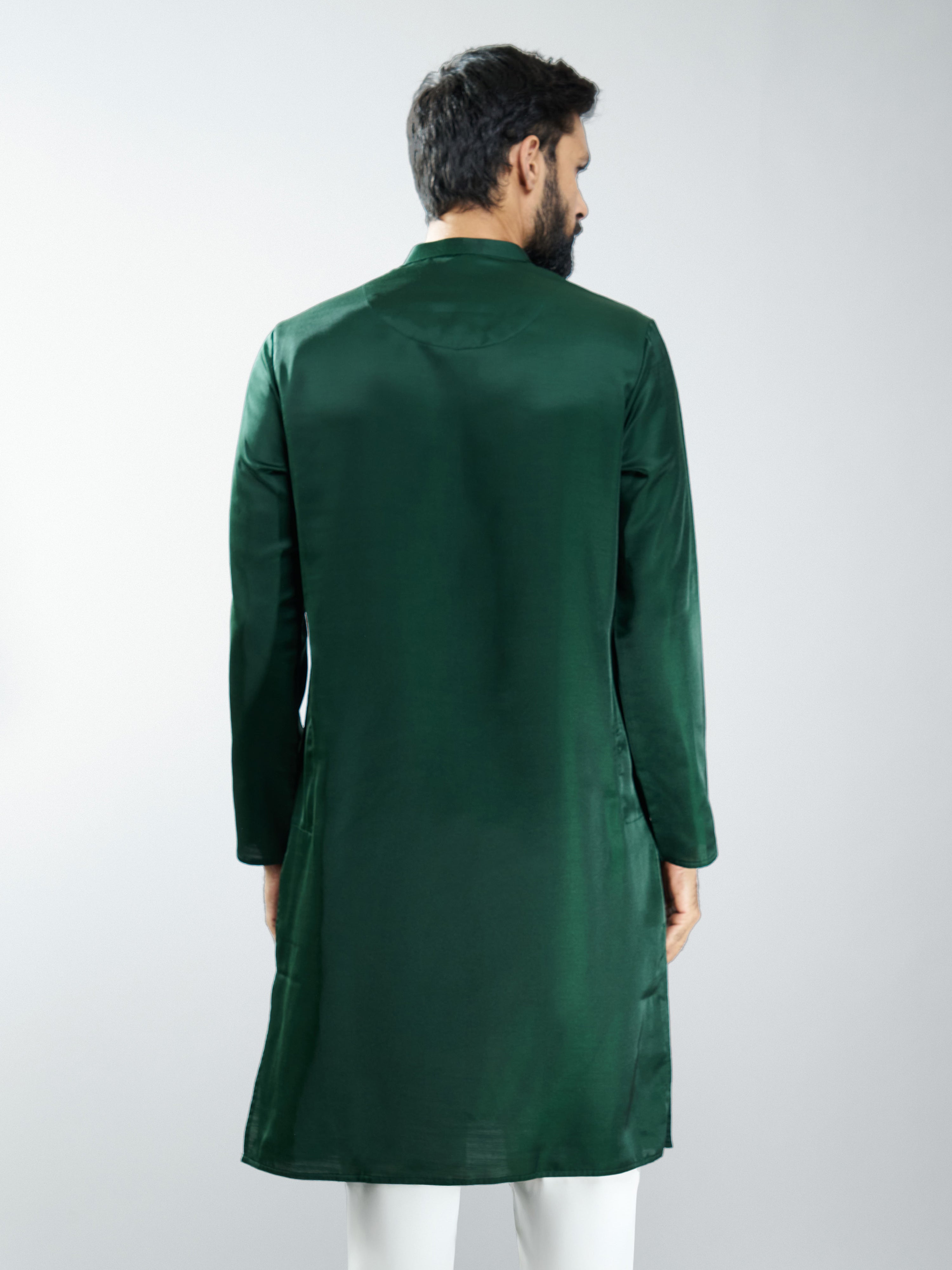 Men Bottle Green Silk Embroidered Kurta