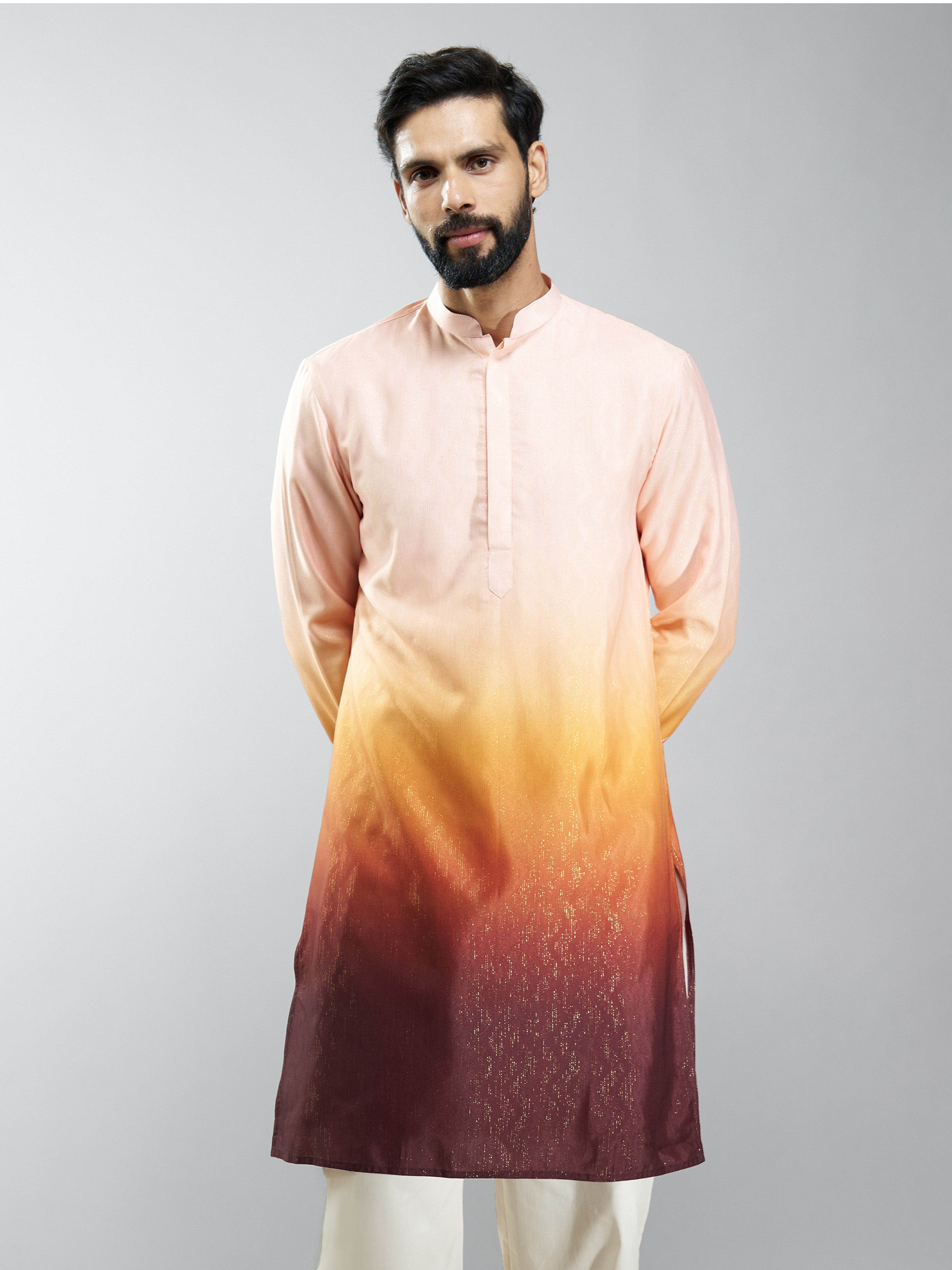 Men Brown Silk Blend Ombre Printed Long Kurta