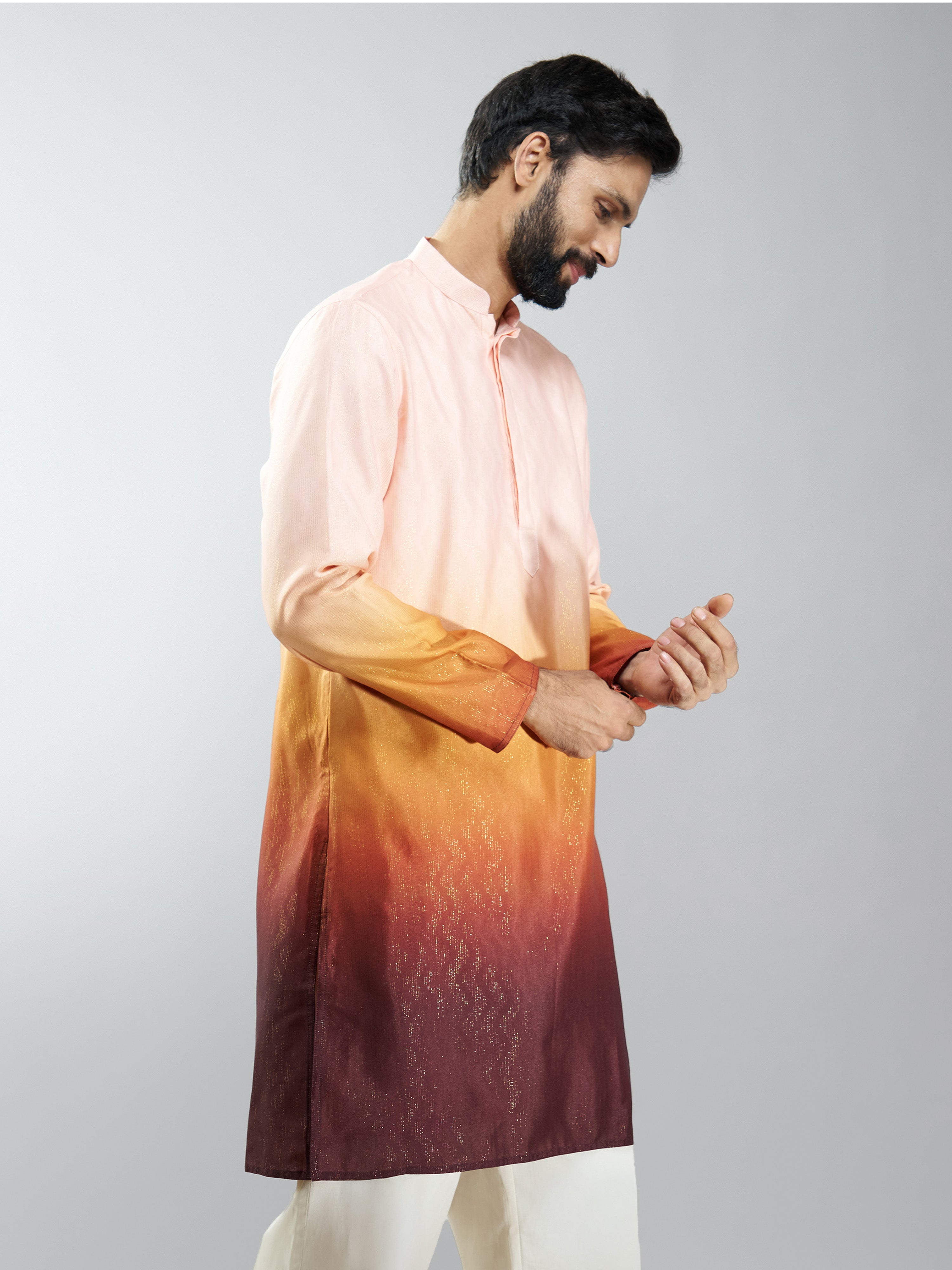 Men Brown Silk Blend Ombre Printed Long Kurta