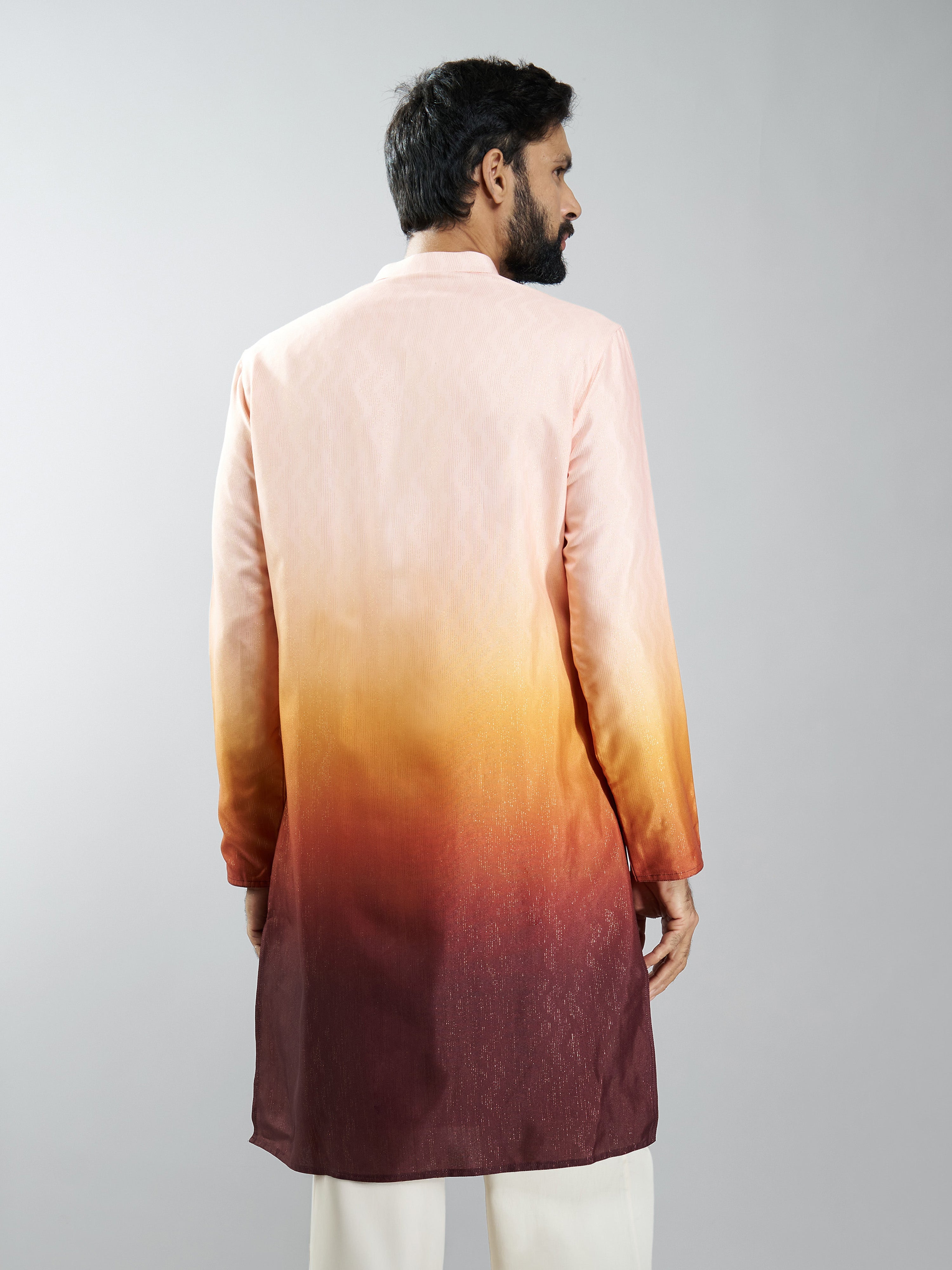 Men Brown Silk Blend Ombre Printed Long Kurta