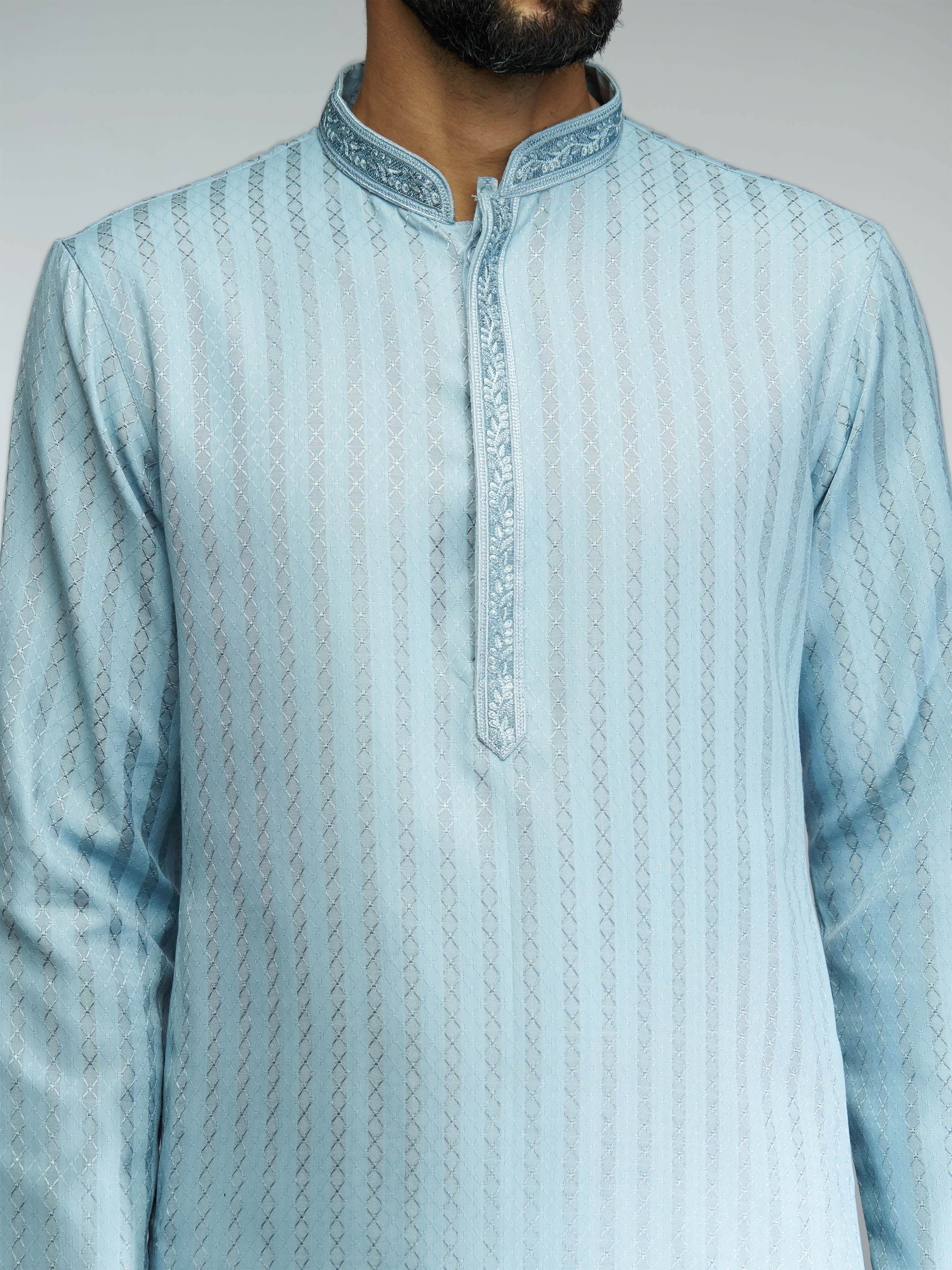 Men Aqua Cotton Blend Jacquard Embroidered Long Kurta