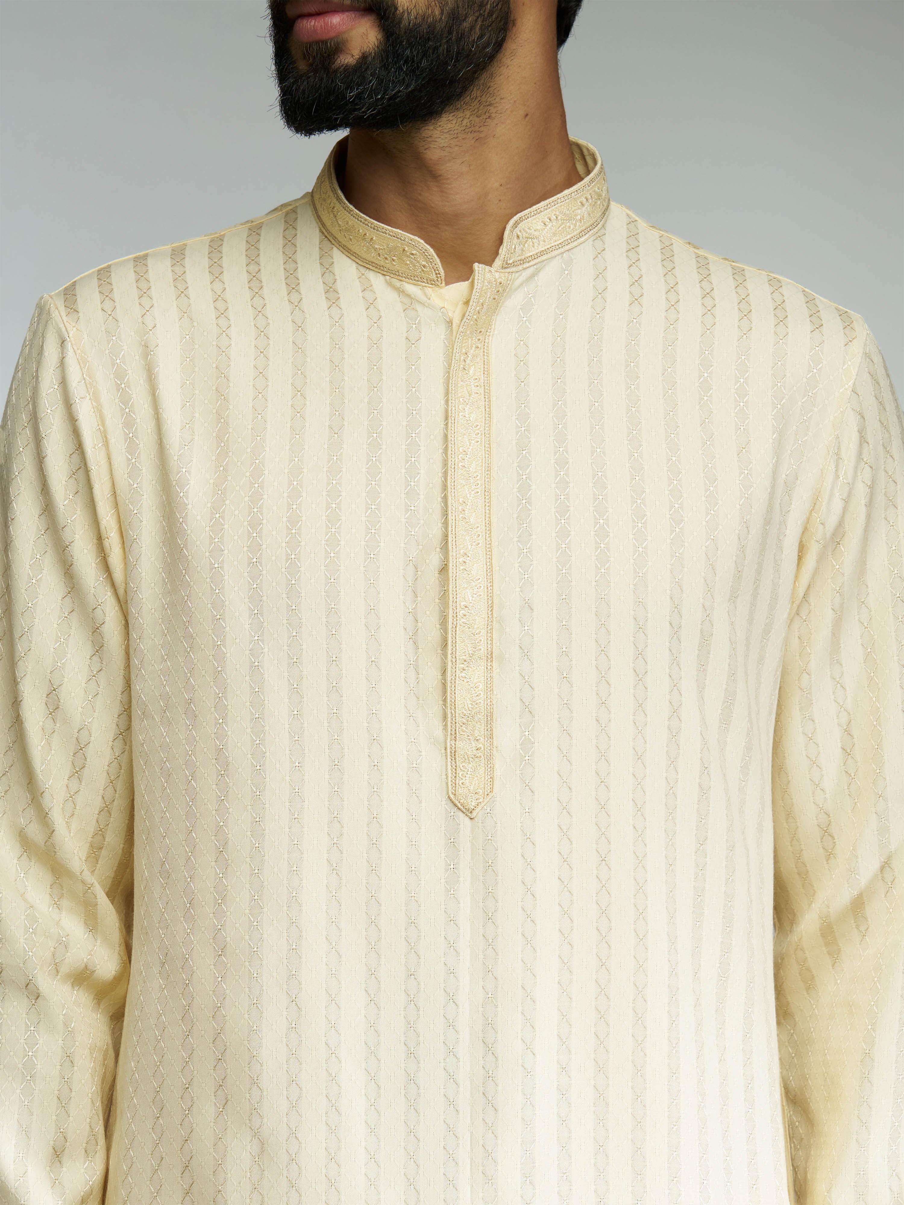 Men Yellow Cotton Blend Jacquard Embroidered Long Kurta