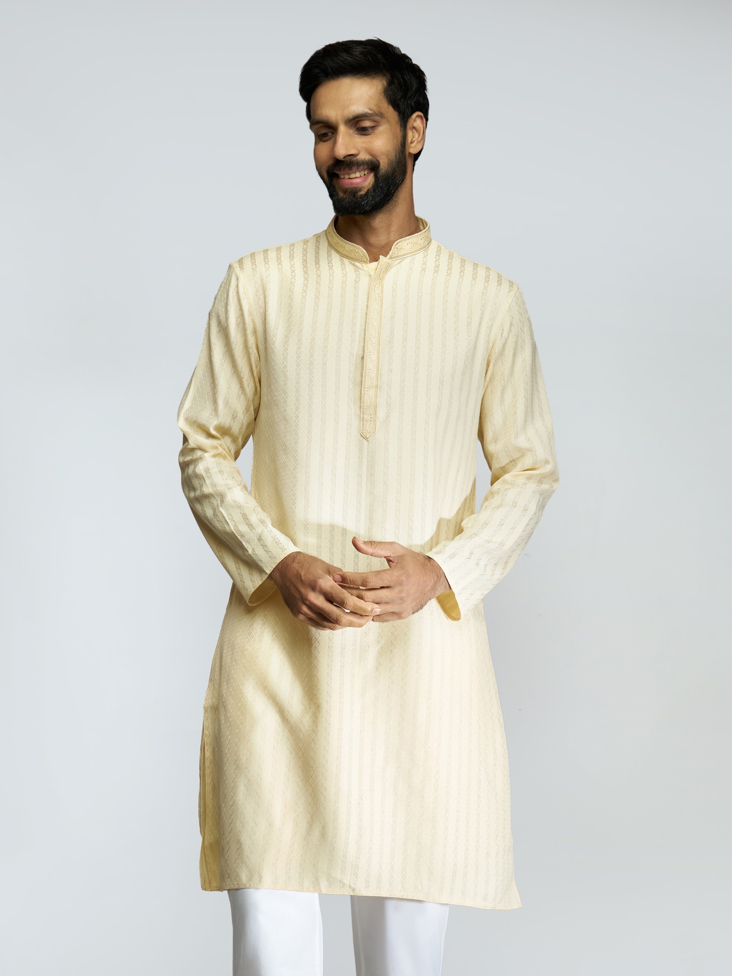 Men Yellow Cotton Blend Jacquard Embroidered Long Kurta