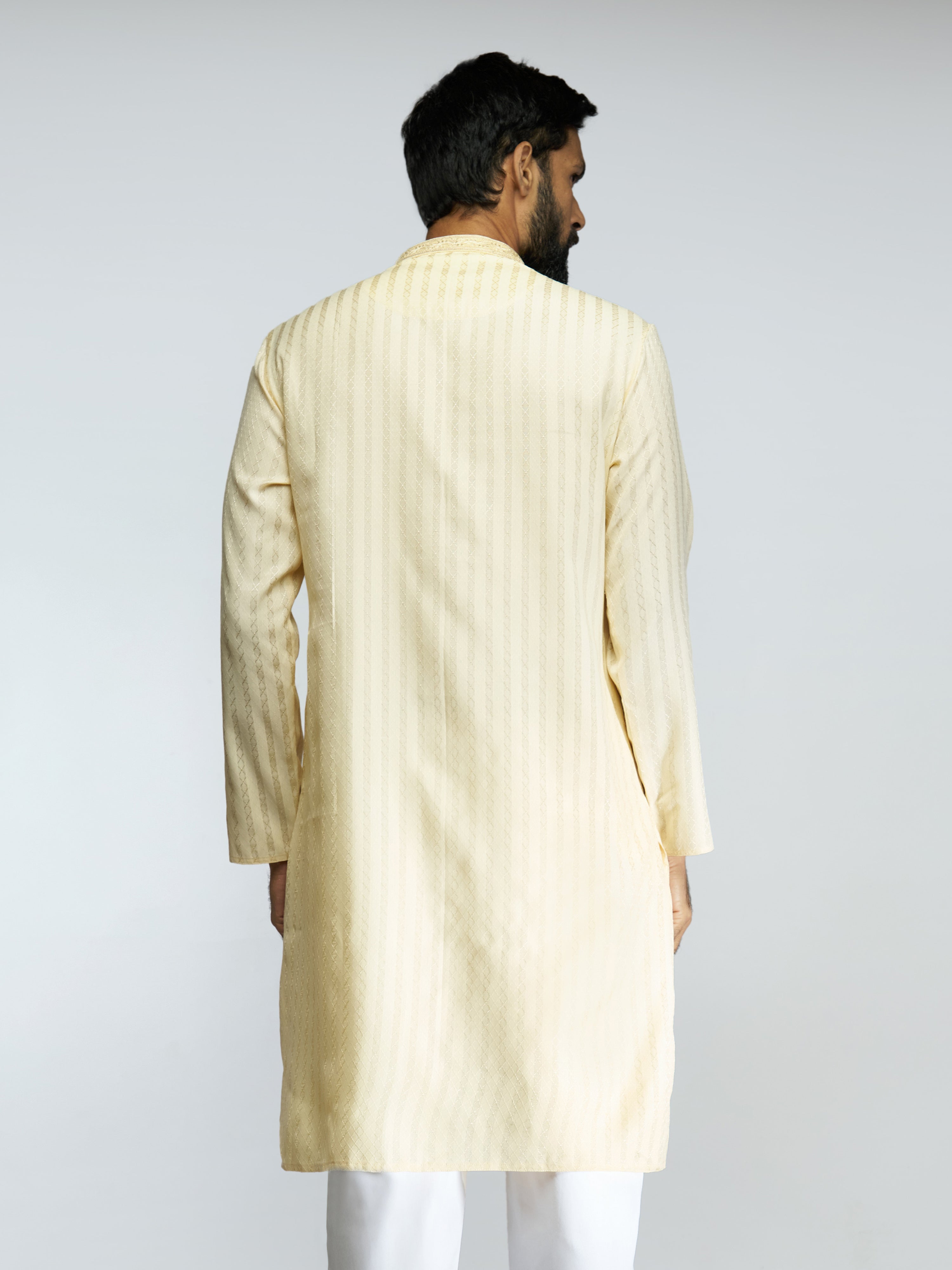 Men Yellow Cotton Blend Jacquard Embroidered Long Kurta