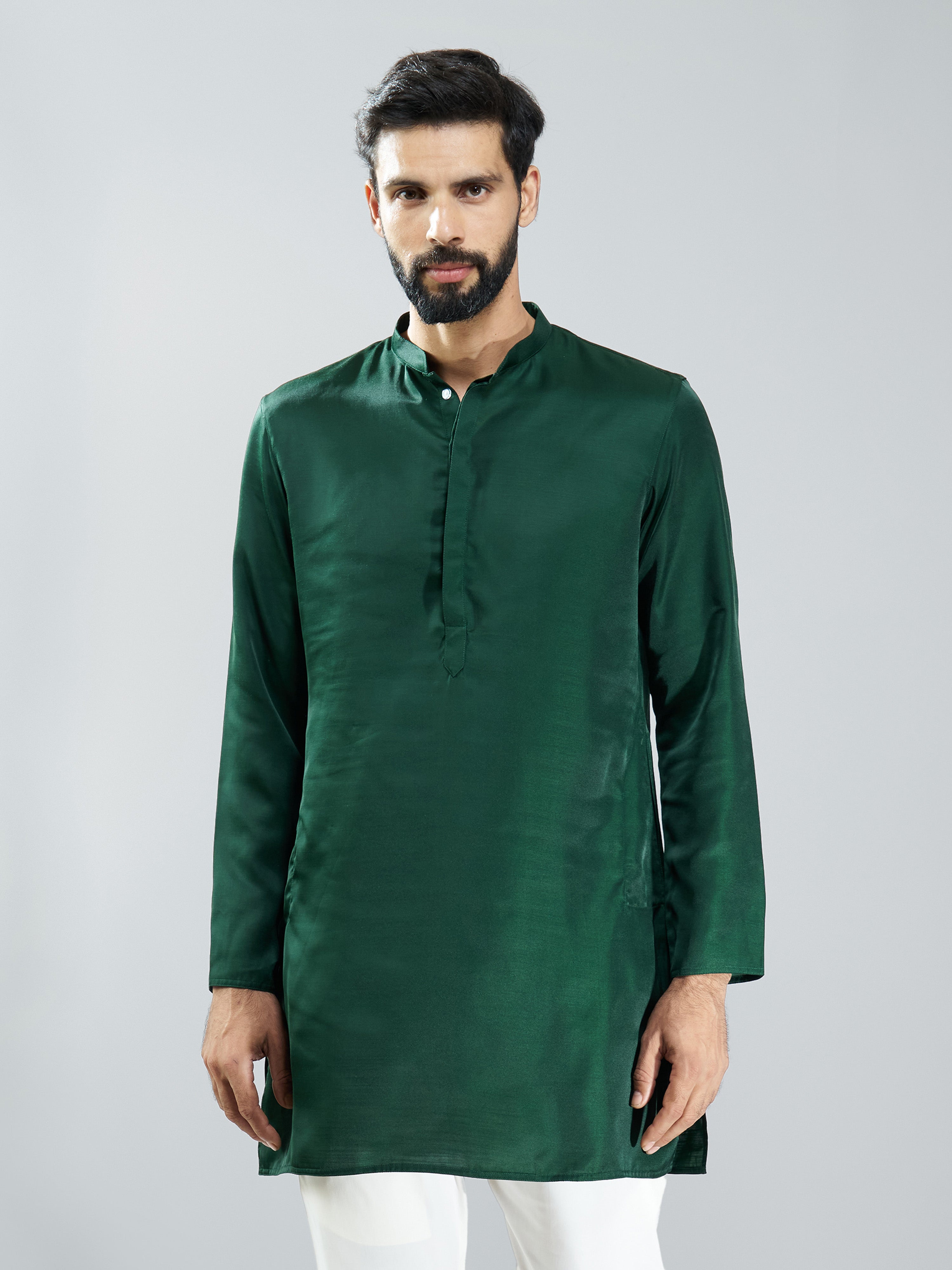Men Bottle Green Silk Solid Kurta