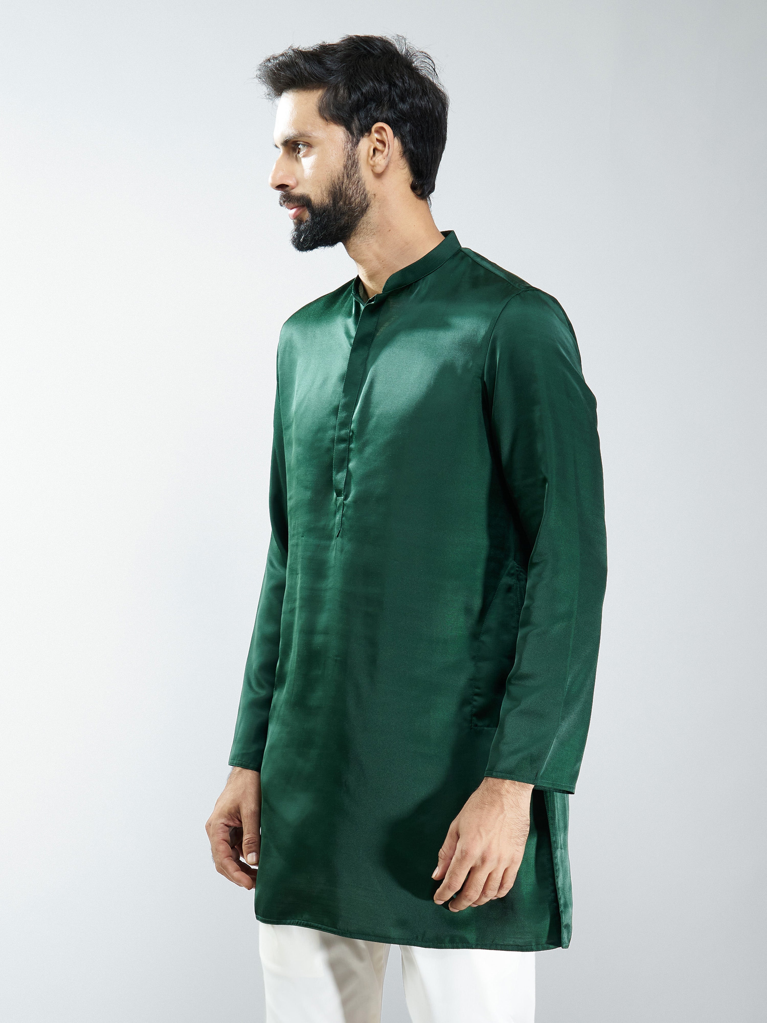Men Bottle Green Silk Solid Kurta