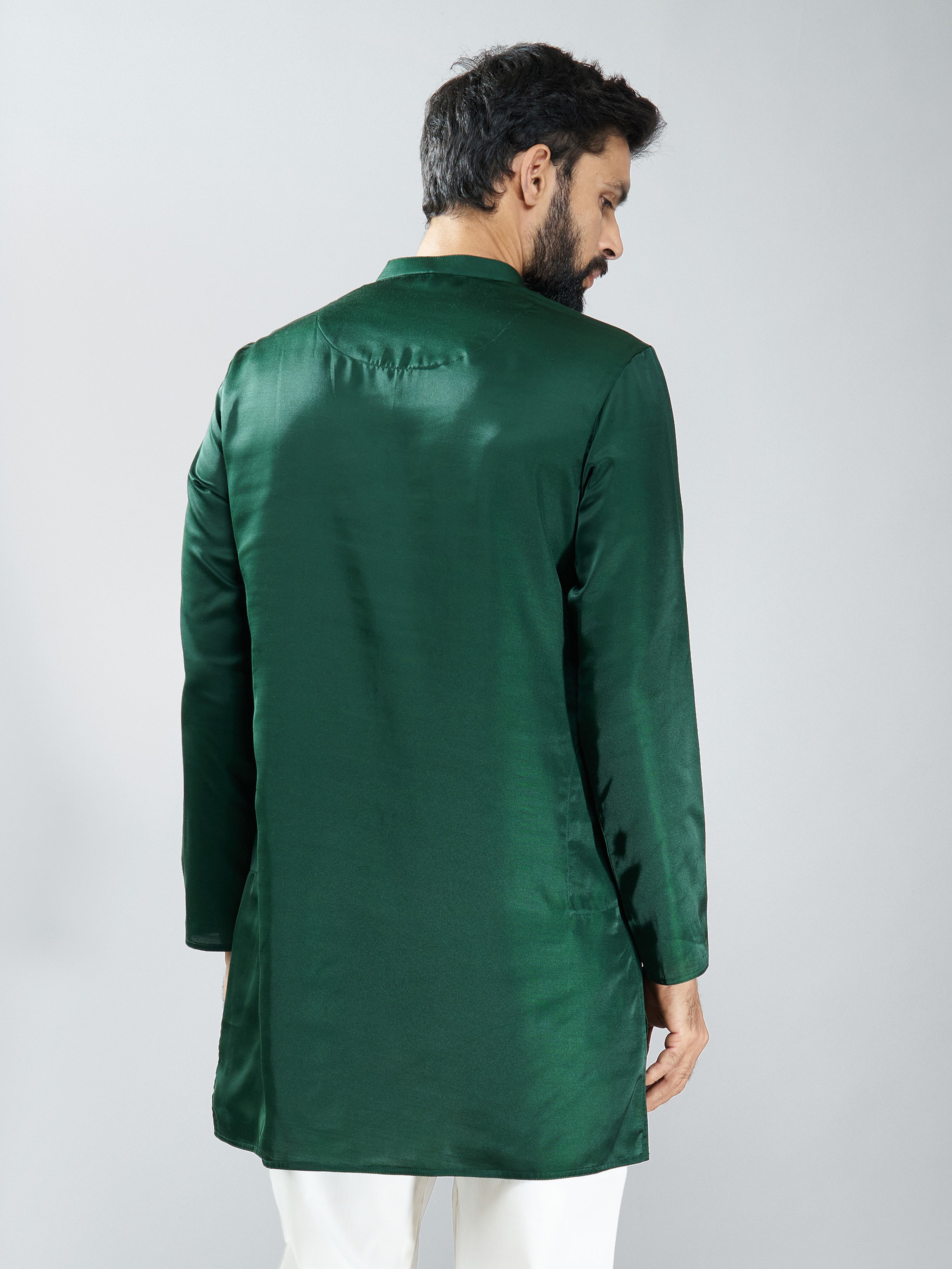 Men Bottle Green Silk Solid Kurta