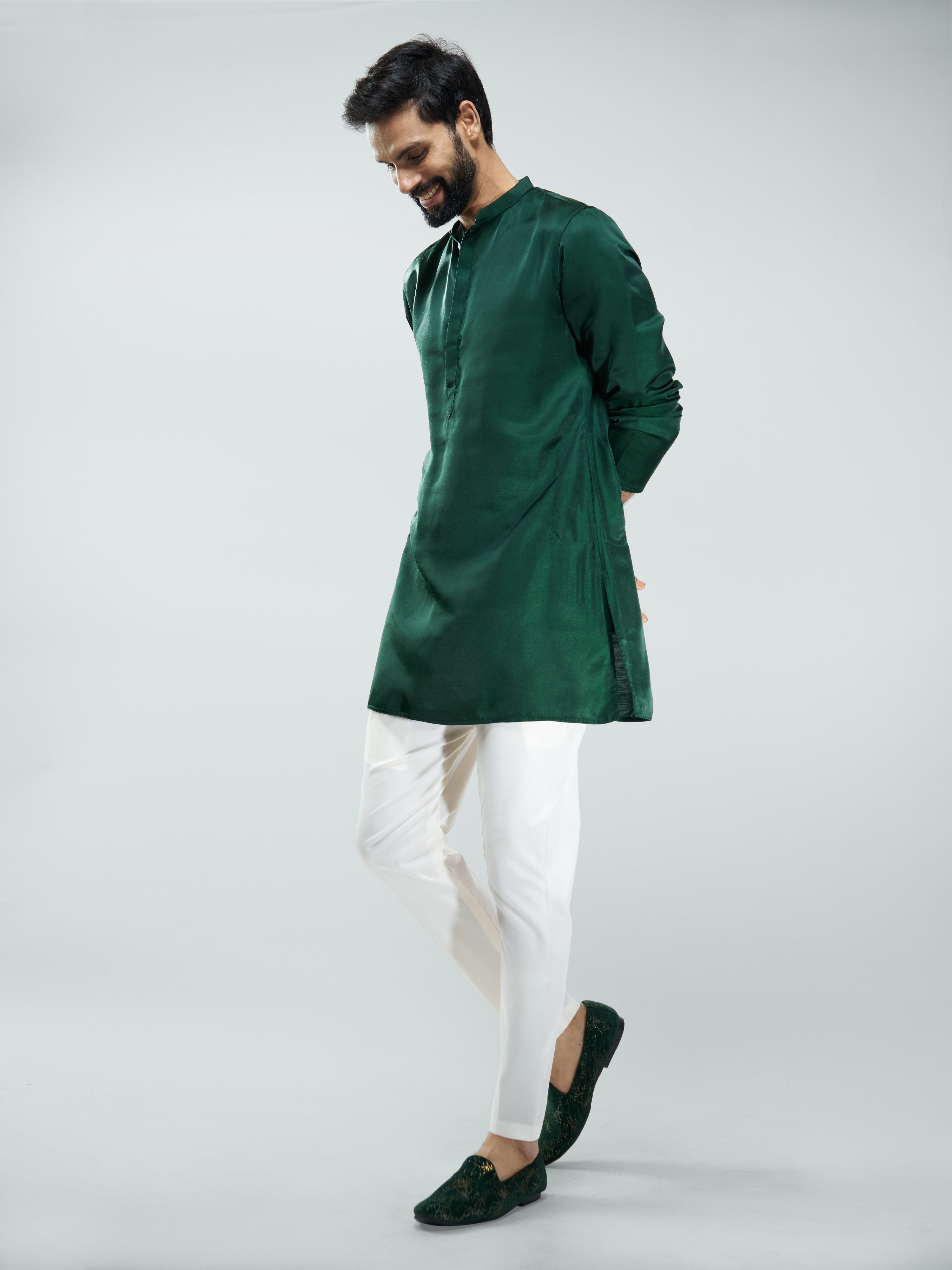 Men Bottle Green Silk Solid Kurta