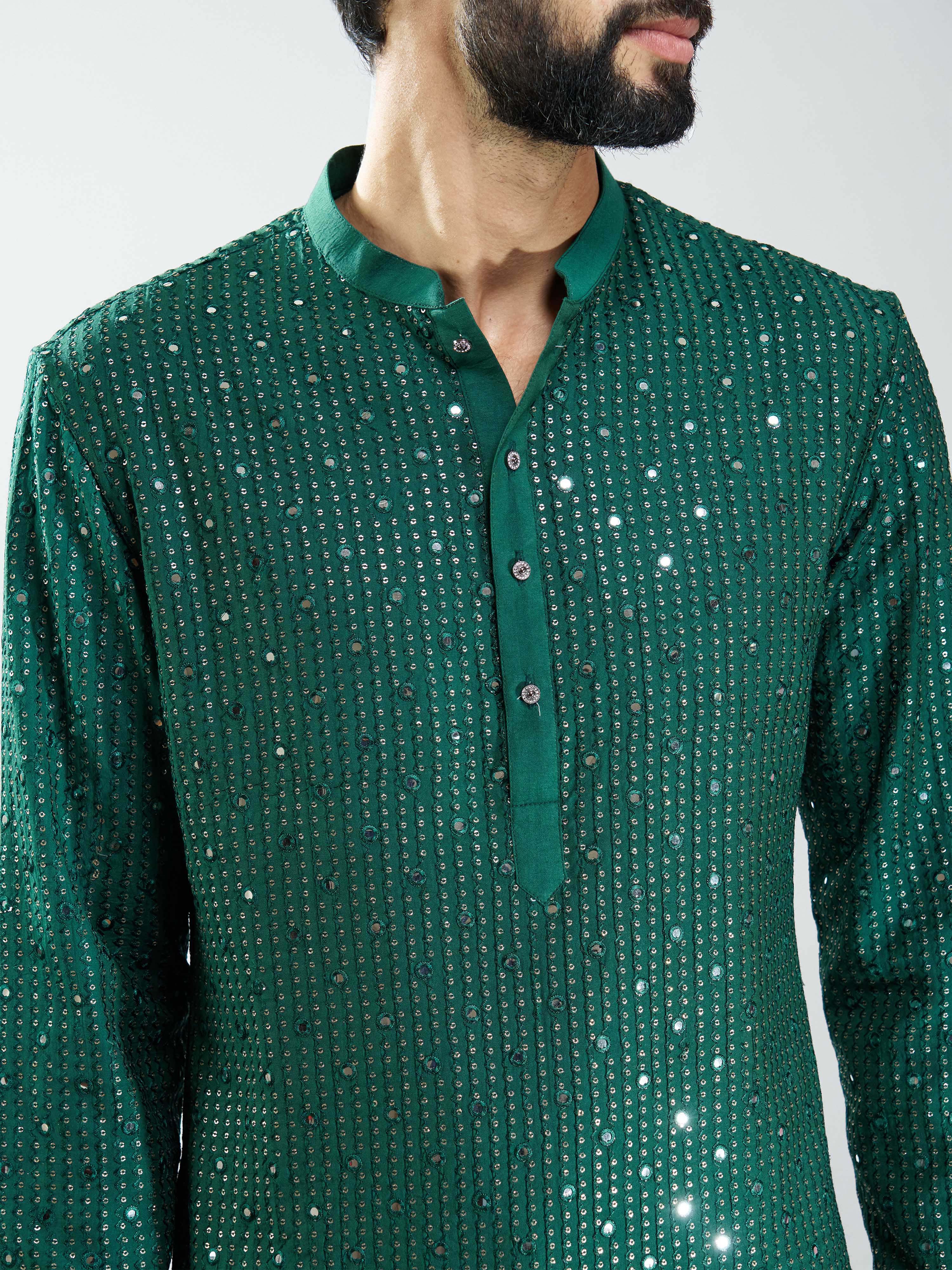 Men Bottle Green Silk Blend Mirror Work Long Kurta