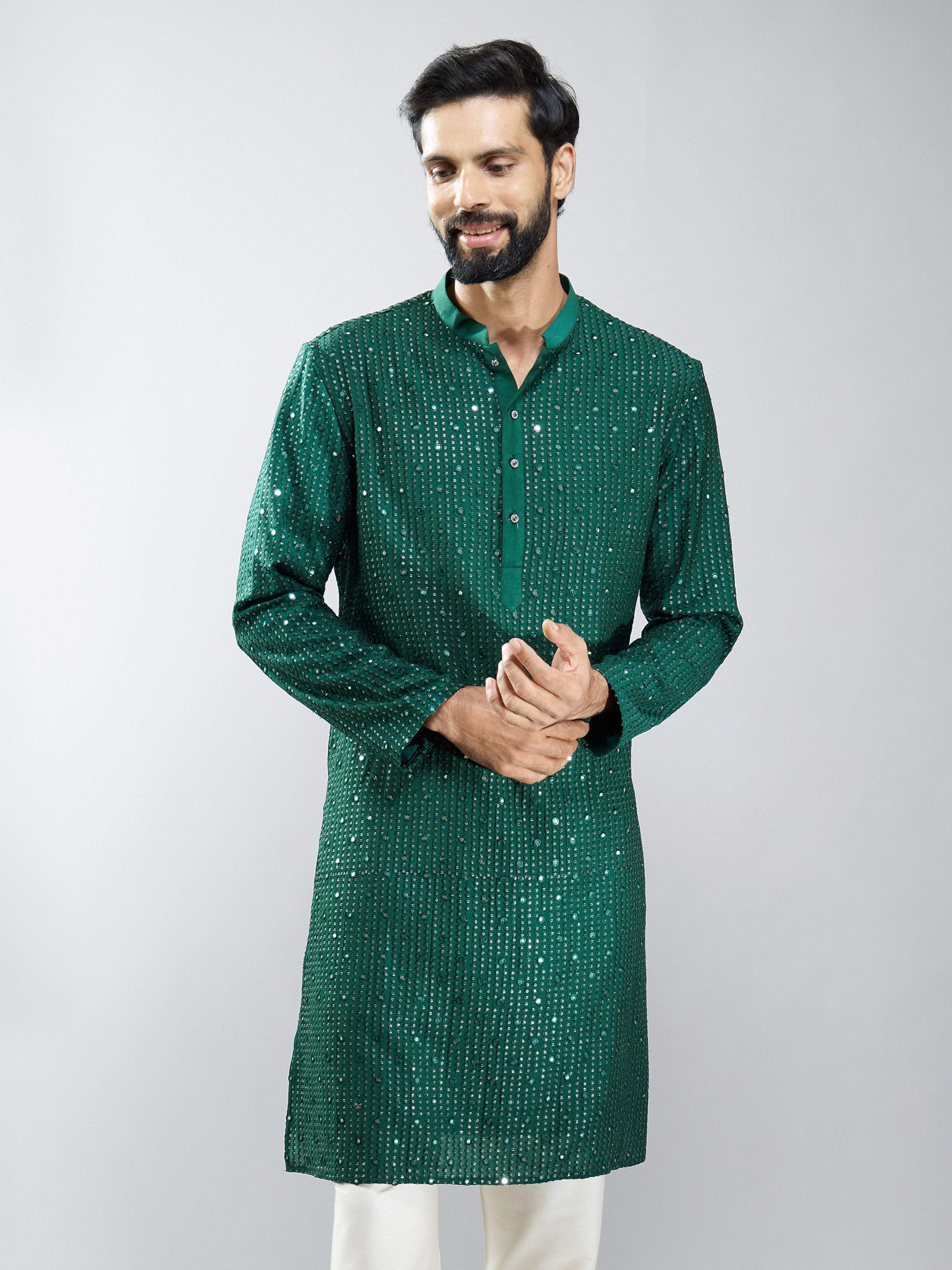 Men Bottle Green Silk Blend Mirror Work Long Kurta